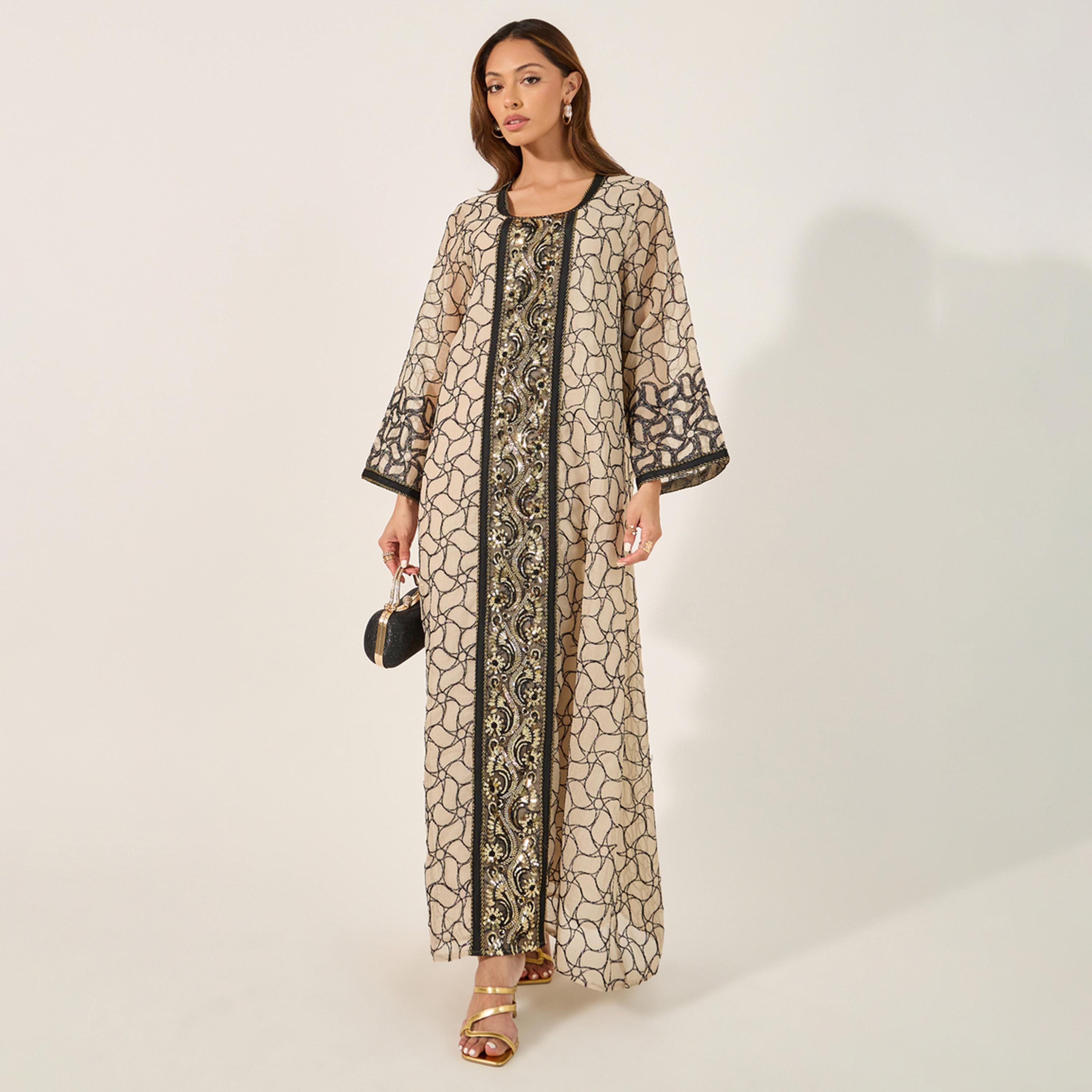أميرة x ستايلي جلابية مطرزة بالكامل بتفاصيل ترتر-women-arabicclothing-jalabiyas-image-1