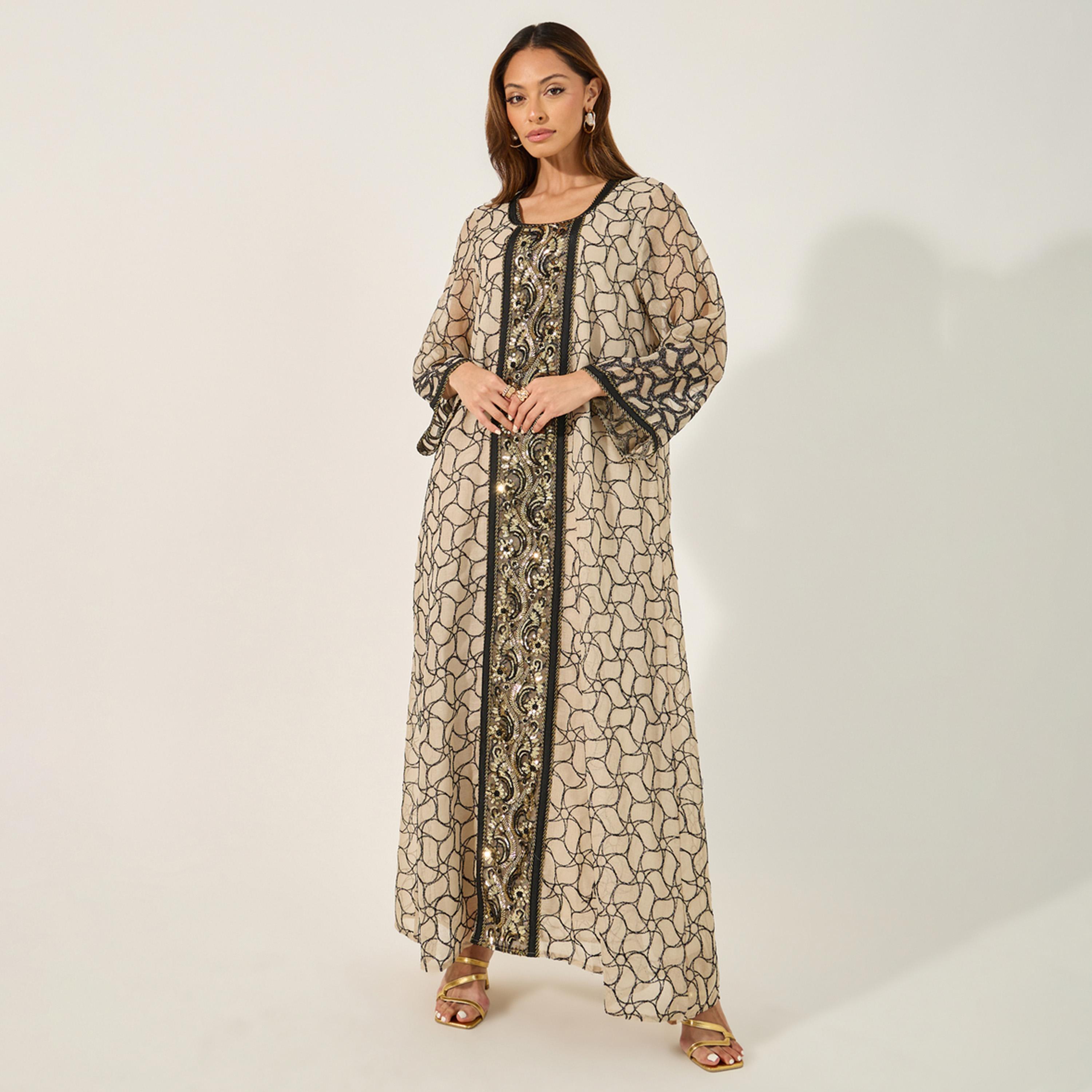 أميرة x ستايلي جلابية مطرزة بالكامل بتفاصيل ترتر-women-arabicclothing-jalabiyas-image-2