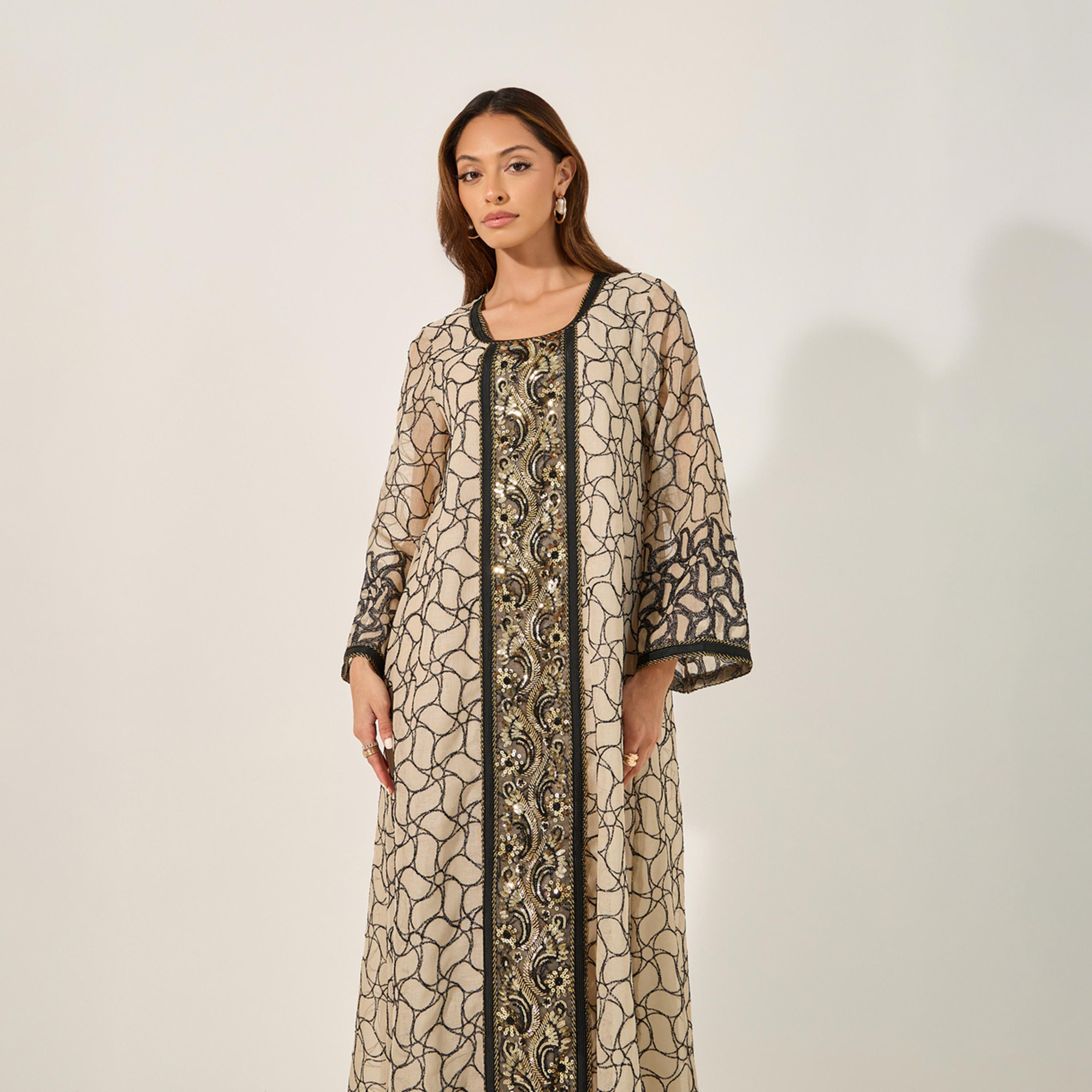 Amirah X Styli All-Over Embroidered Sequined Jalabiya-women-arabicclothing-jalabiyas-image-3