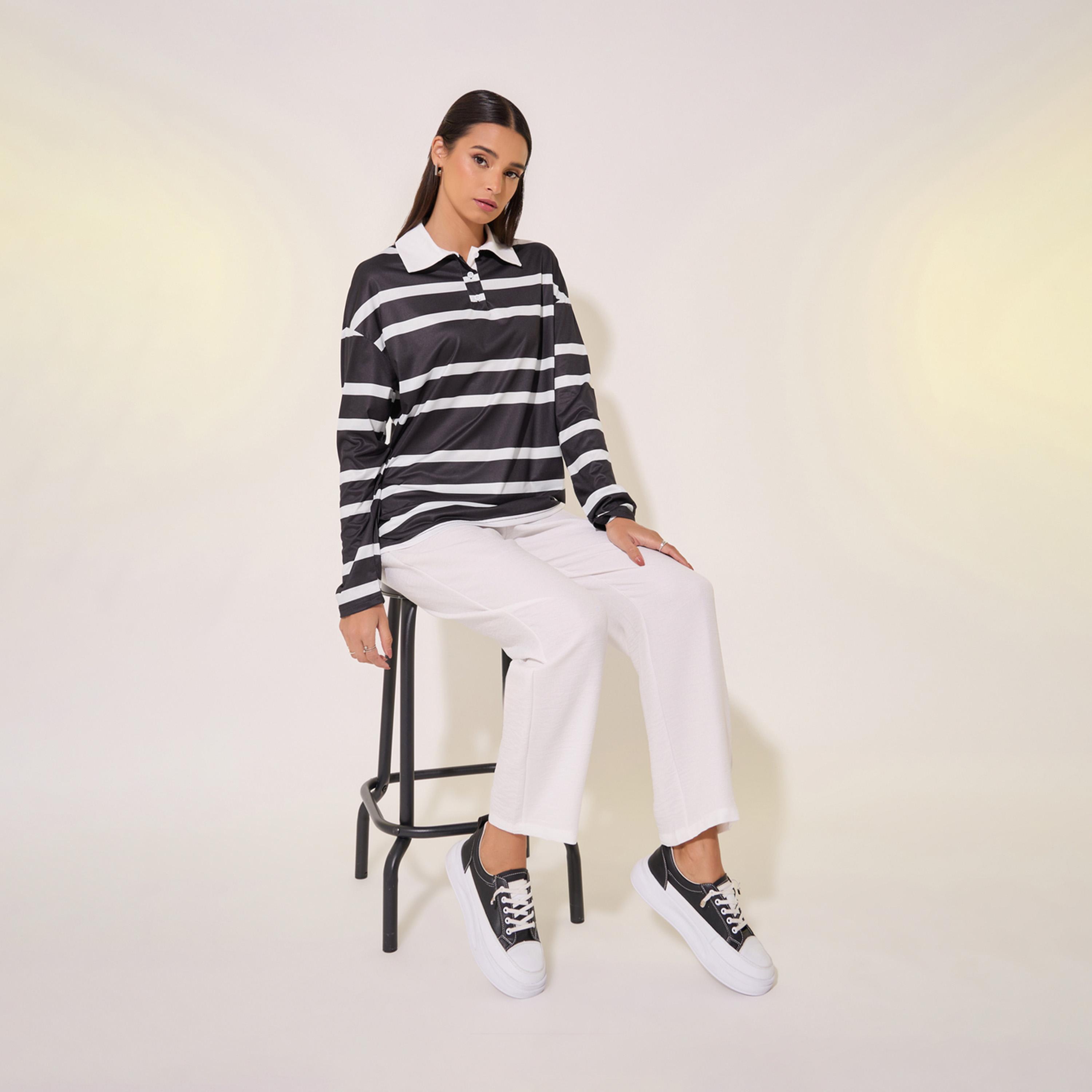 طقم من بنطال وتيشيرت مخطط بياقة بولو-women-clothing-coordsets-image-1