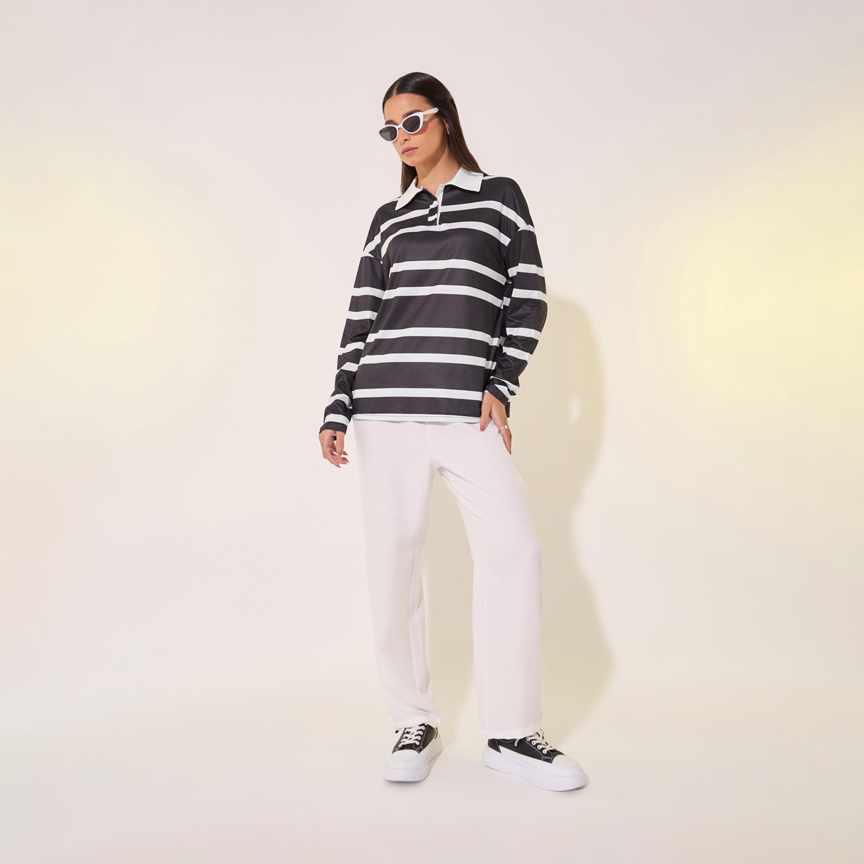 Take Two Stripe Polo Neck Long Sleeve T-Shirt and Pants Set-women-clothing-coordsets-image-2