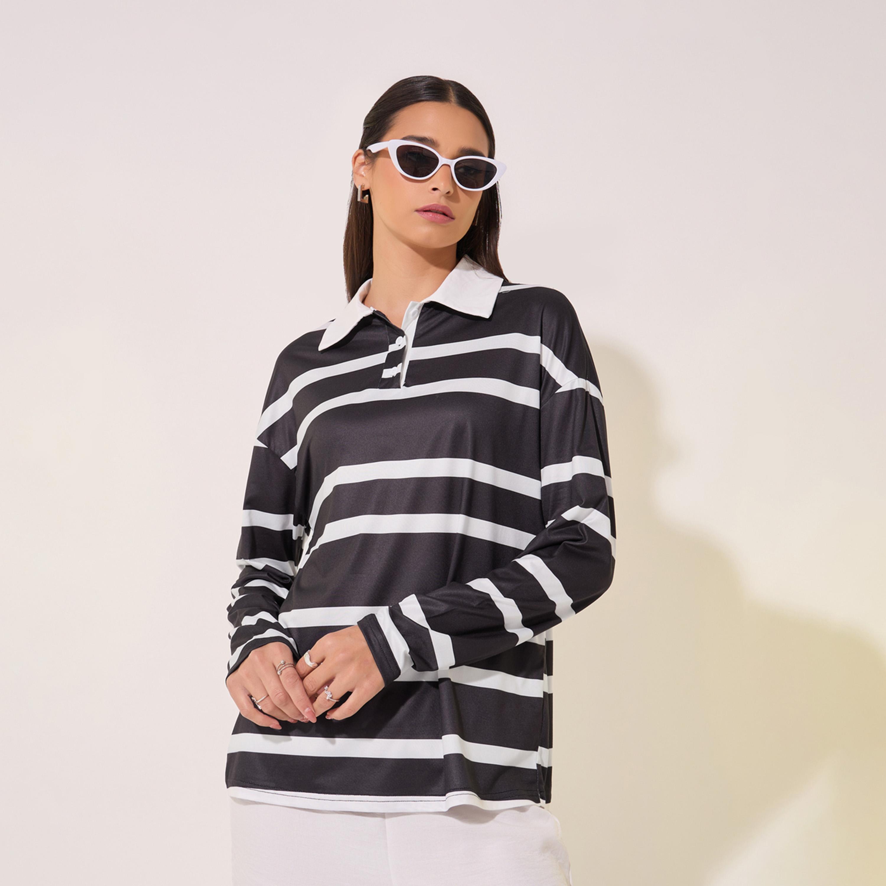 طقم من بنطال وتيشيرت مخطط بياقة بولو-women-clothing-coordsets-image-3