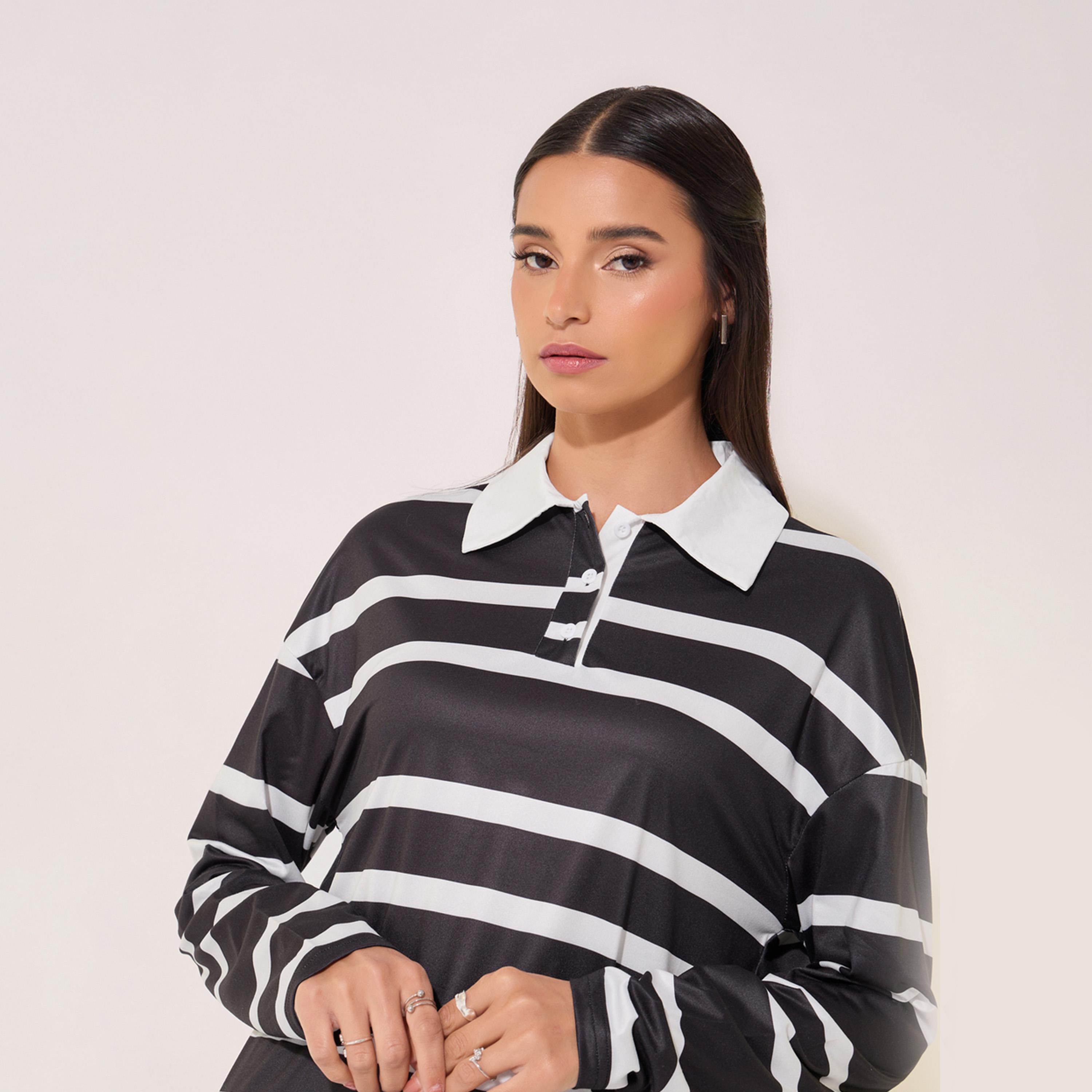 Take Two Stripe Polo Neck Long Sleeve T-Shirt and Pants Set-women-clothing-coordsets-image-4