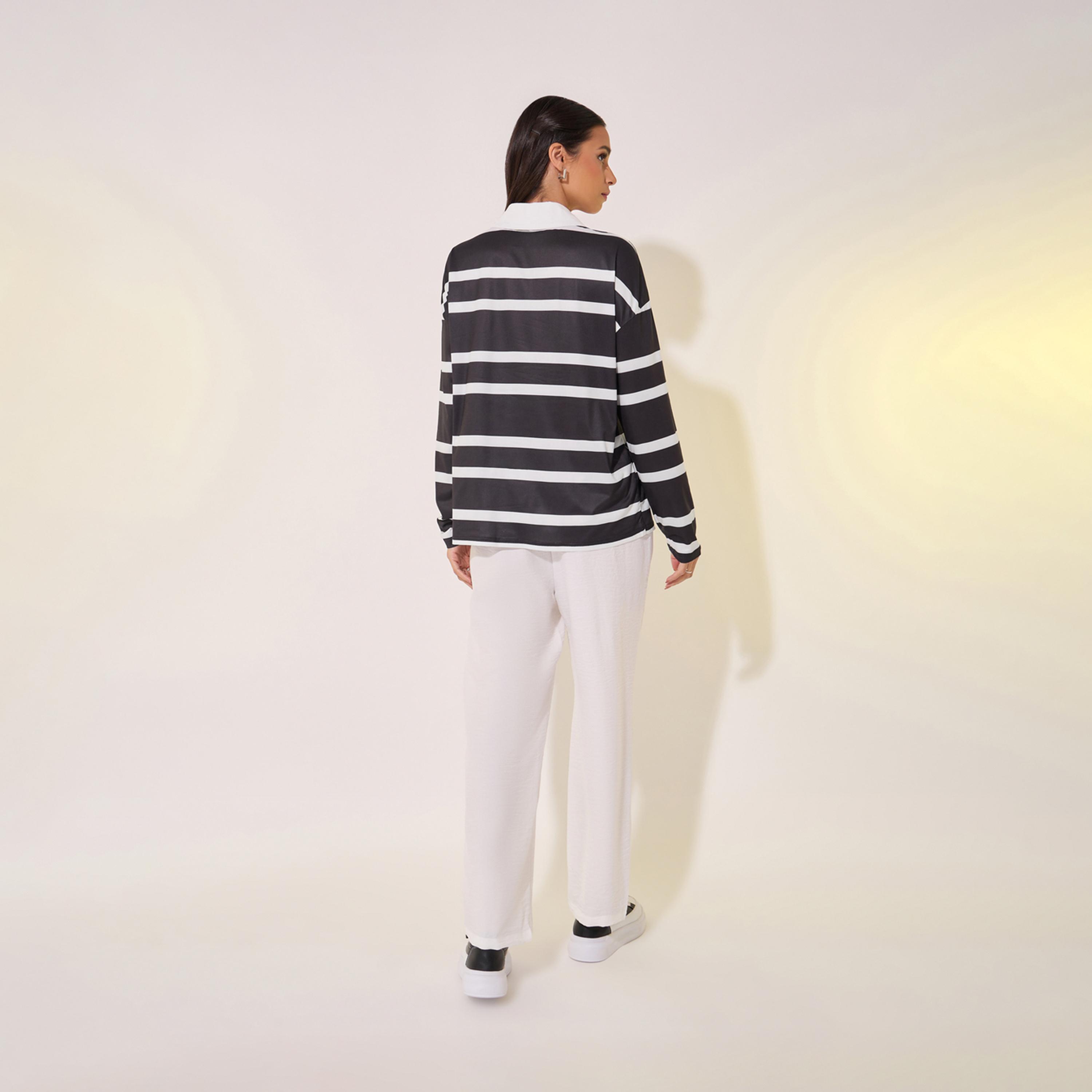 Take Two Stripe Polo Neck Long Sleeve T-Shirt and Pants Set-women-clothing-coordsets-image-6