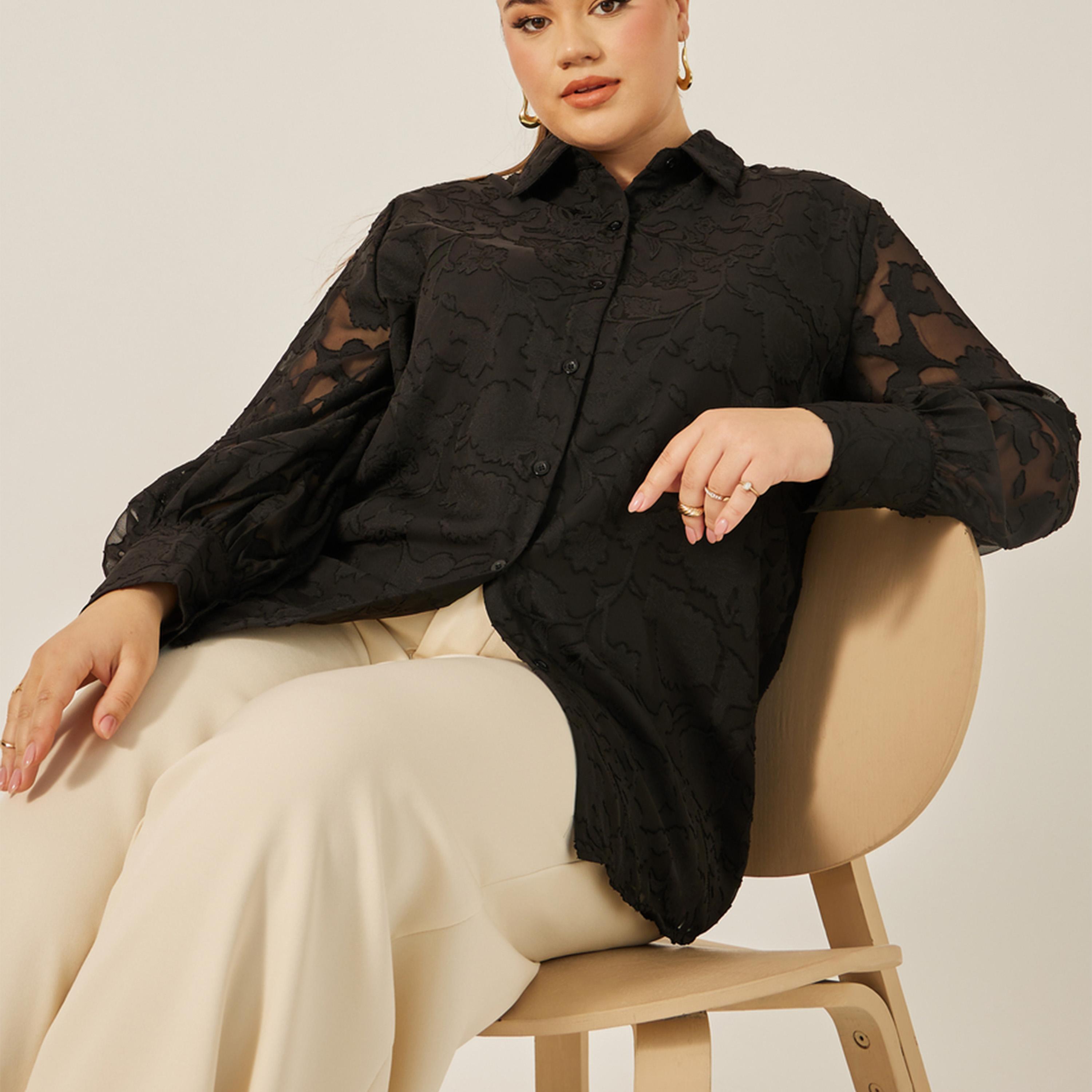 Styli Plus Size Burn Out Lace Detail Collared Balloon Sleeve Shirt-women-clothing-shirtsandblouses-shirts-image-1