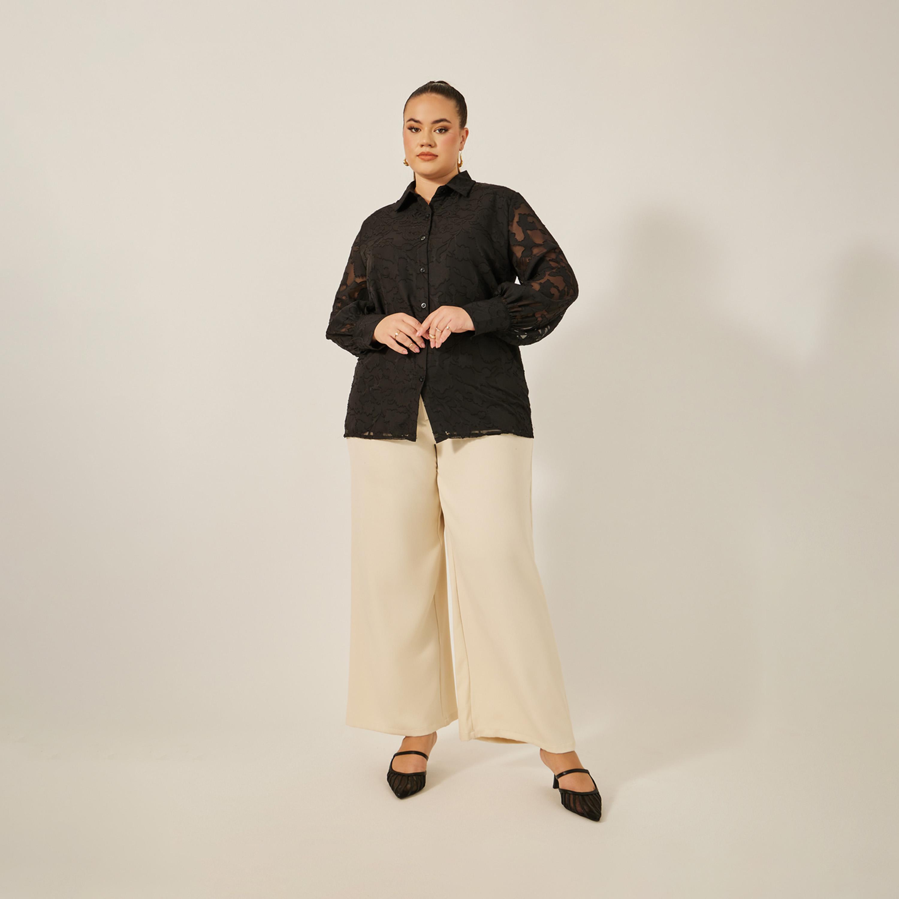 Styli Plus Size Burn Out Lace Detail Collared Balloon Sleeve Shirt-women-clothing-shirtsandblouses-shirts-image-2