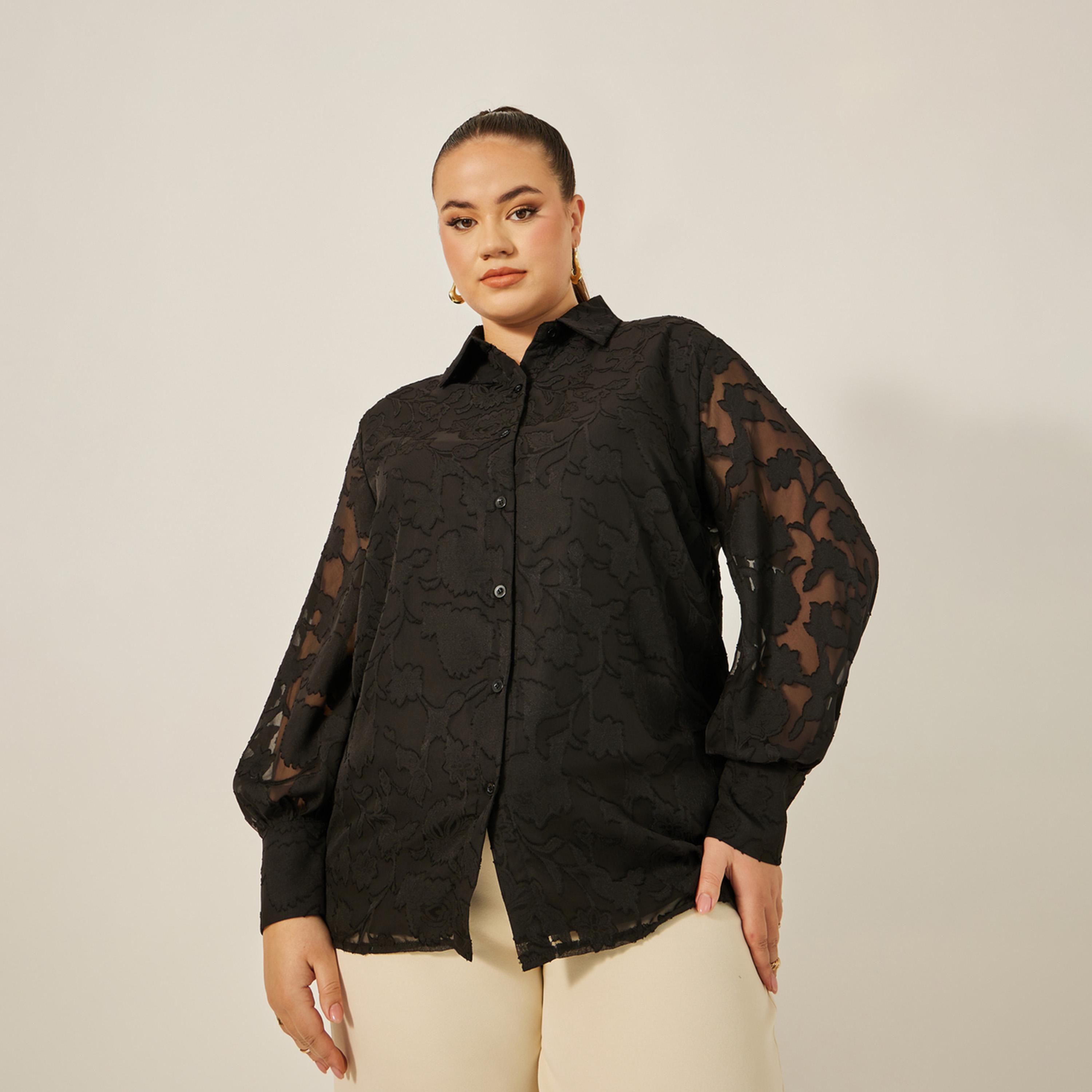 Styli Plus Size Burn Out Lace Detail Collared Balloon Sleeve Shirt-women-clothing-shirtsandblouses-shirts-image-3