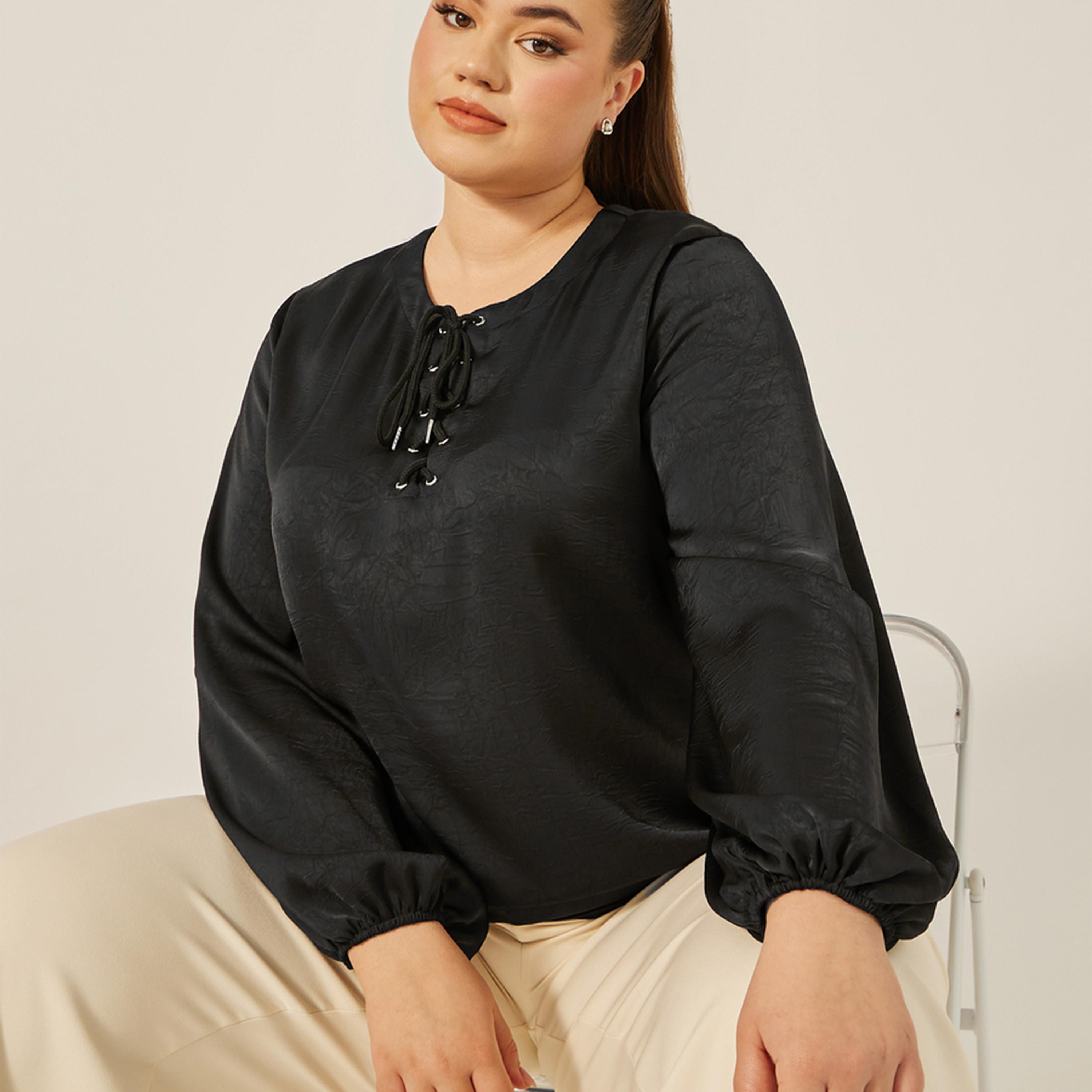 ستايلي - بلوزة من الساتان بأكمام منفوخة وربطة رقبة-women-clothing-shirtsandblouses-blouses-image-1