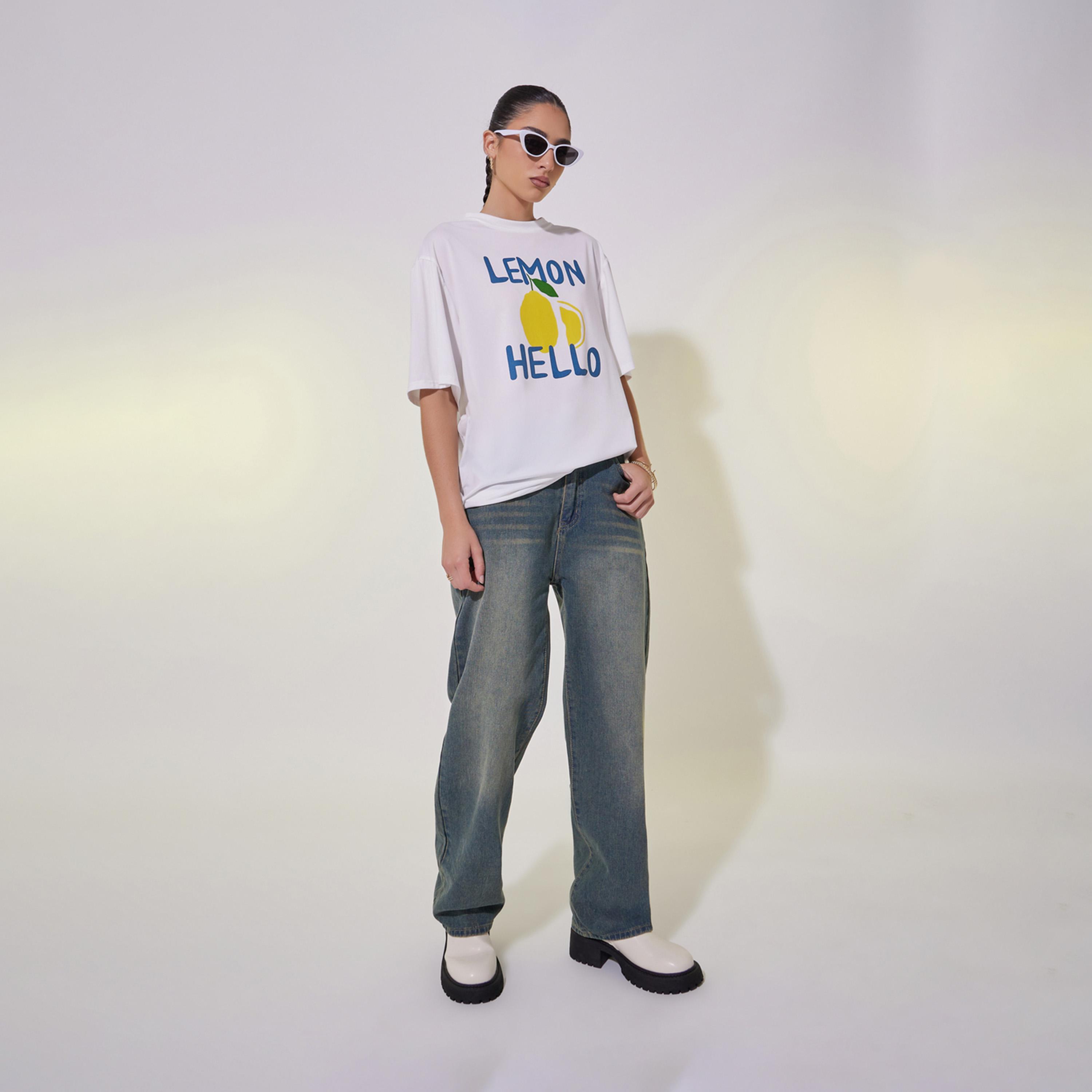 تيشيرت فضفاض بطبعة جرافيك واكتاف منخفضة-women-clothing-tshirts-image-2