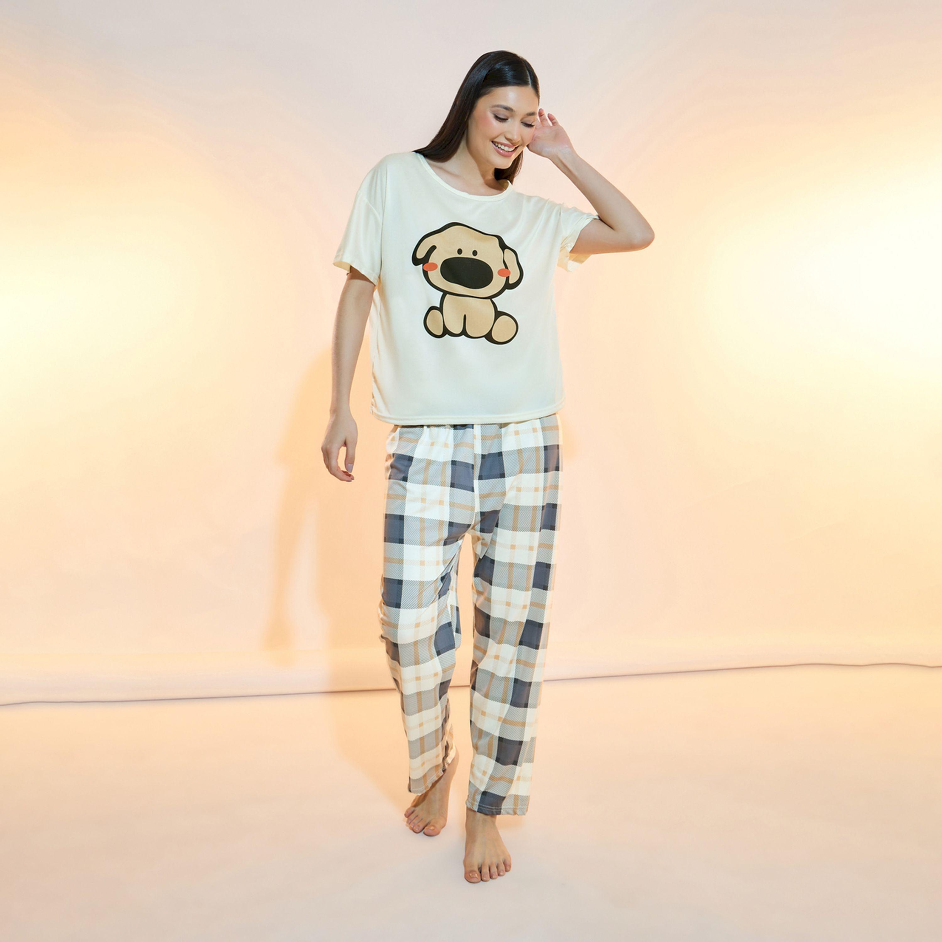 Take Two Puppy Print T-Shirt and Checked Pyjama Set-women-clothing-nightwear-pyjamas-longsets-image-1