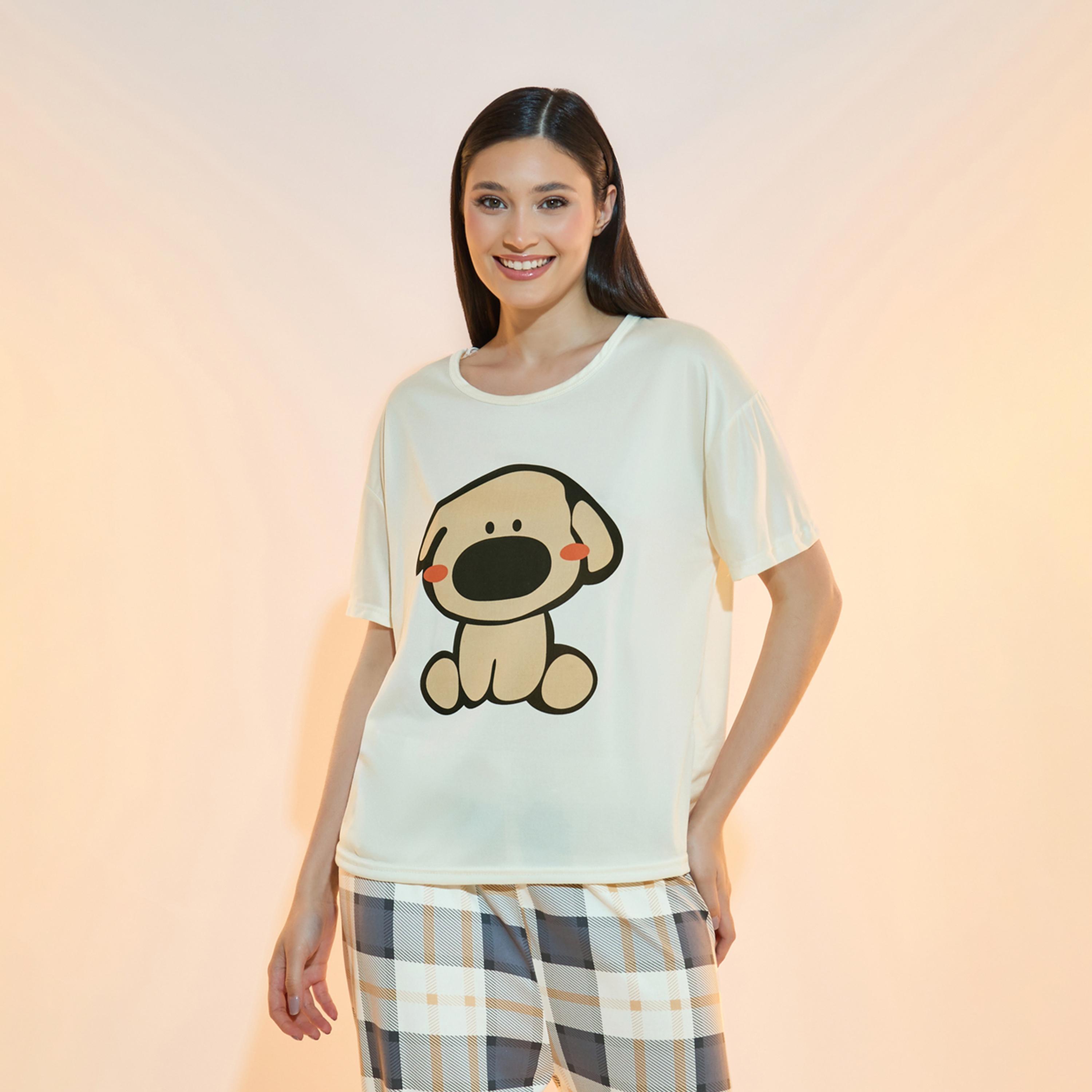 Take Two Puppy Print T-Shirt and Checked Pyjama Set-women-clothing-nightwear-pyjamas-longsets-image-2