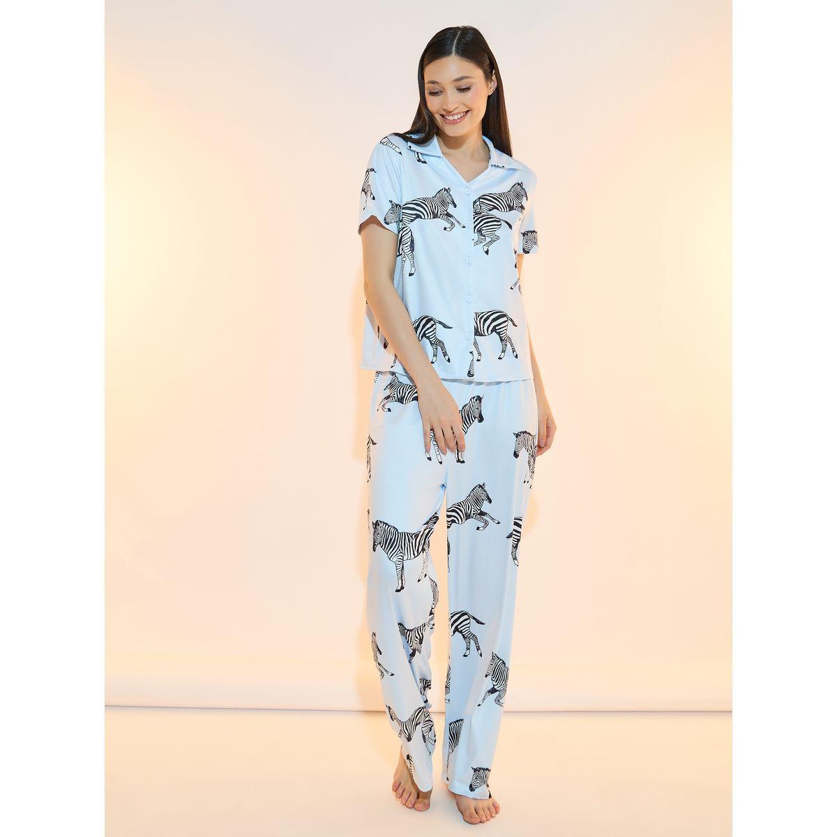 Take Two Zebra Print Button Placket Shirt and Pyjama Set-women-clothing-nightwear-pyjamas-longsets-image-1