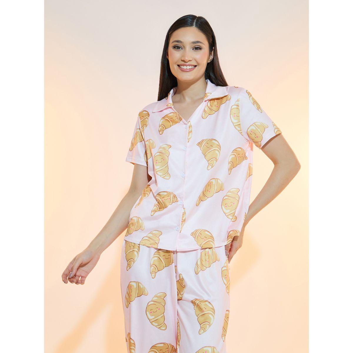 Take Two Croissant Print Button Placket Shirt and Pyjama Set-women-clothing-nightwear-pyjamas-longsets-image-2