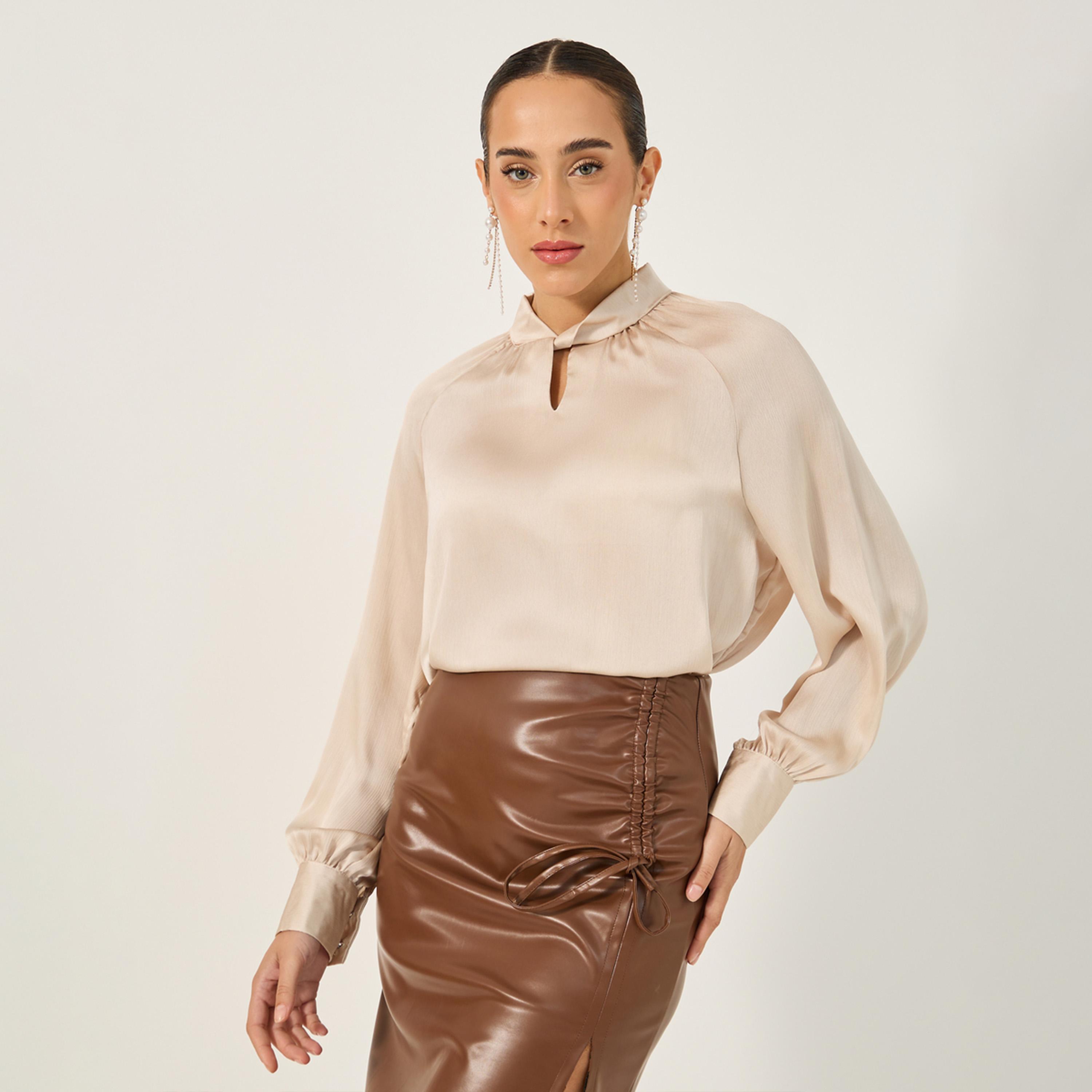 Styli Textured Satin Balloon Sleeve Blouse with Button Detail-women-clothing-shirtsandblouses-blouses-image-1