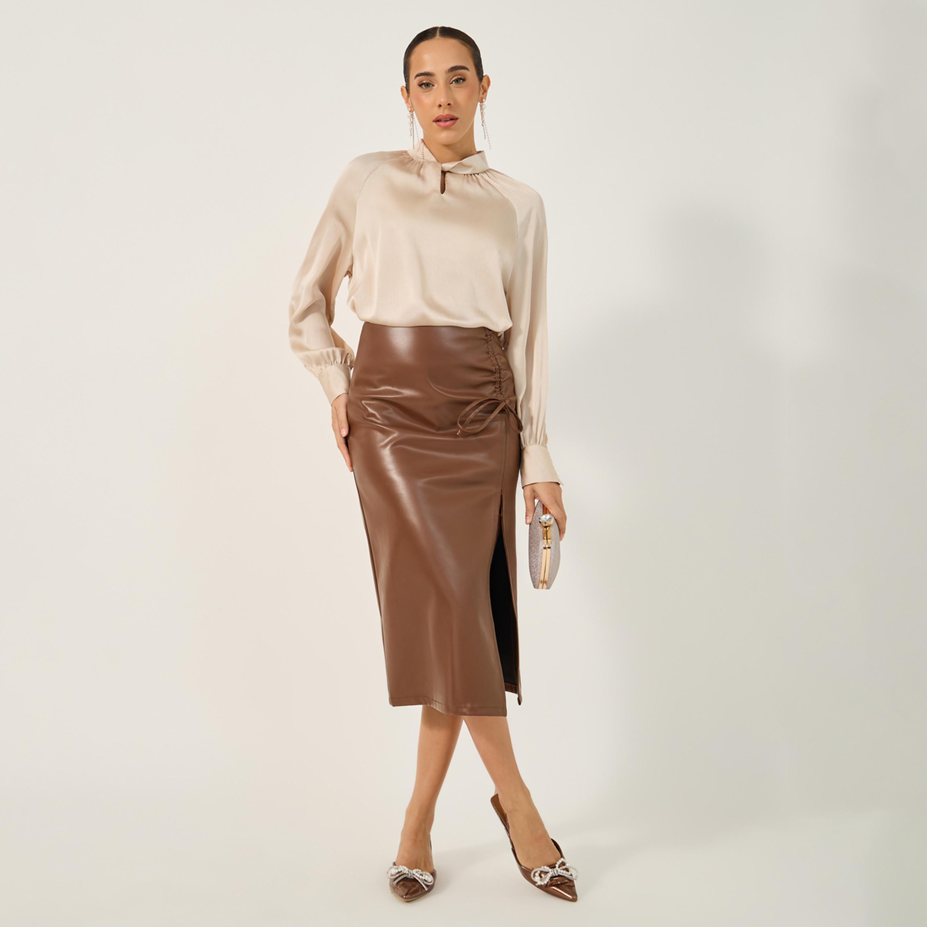 Styli Textured Satin Balloon Sleeve Blouse with Button Detail-women-clothing-shirtsandblouses-blouses-image-2