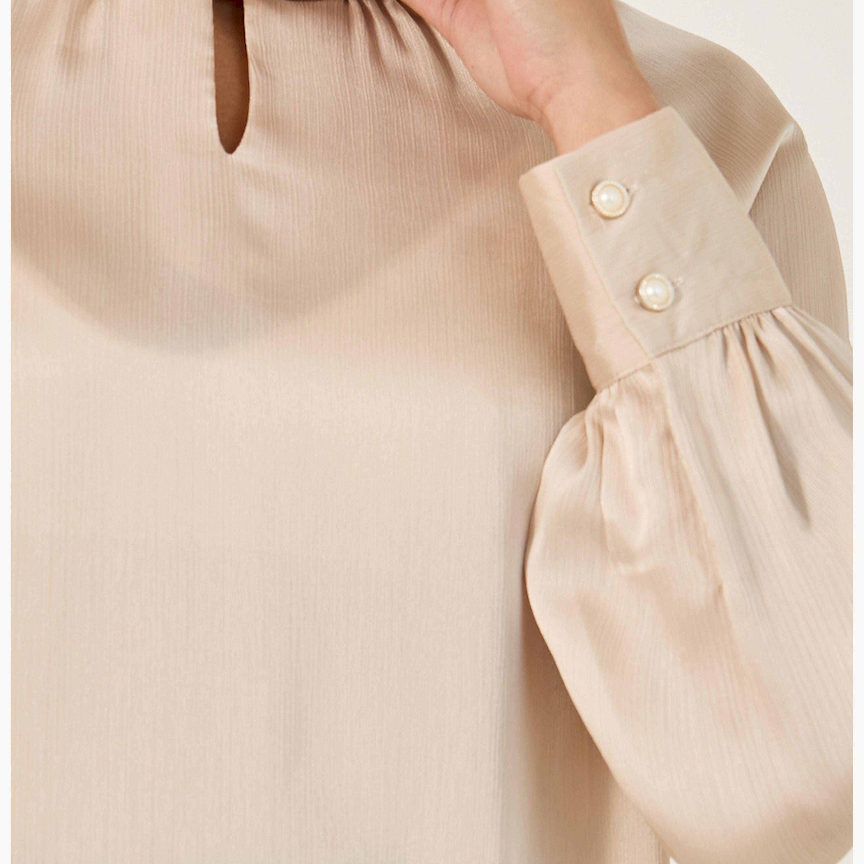 Styli Textured Satin Balloon Sleeve Blouse with Button Detail-women-clothing-shirtsandblouses-blouses-image-4