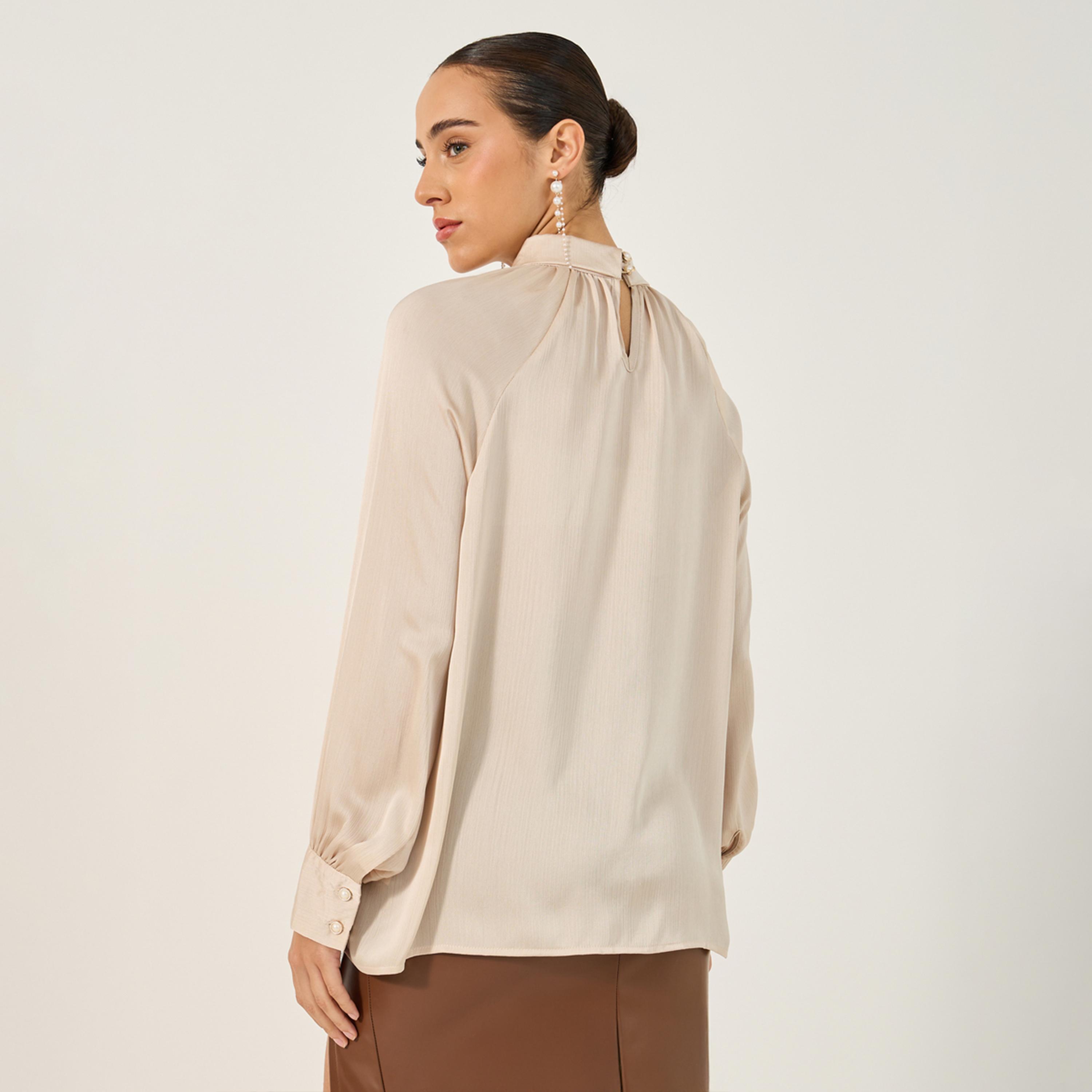 Styli Textured Satin Balloon Sleeve Blouse with Button Detail-women-clothing-shirtsandblouses-blouses-image-5