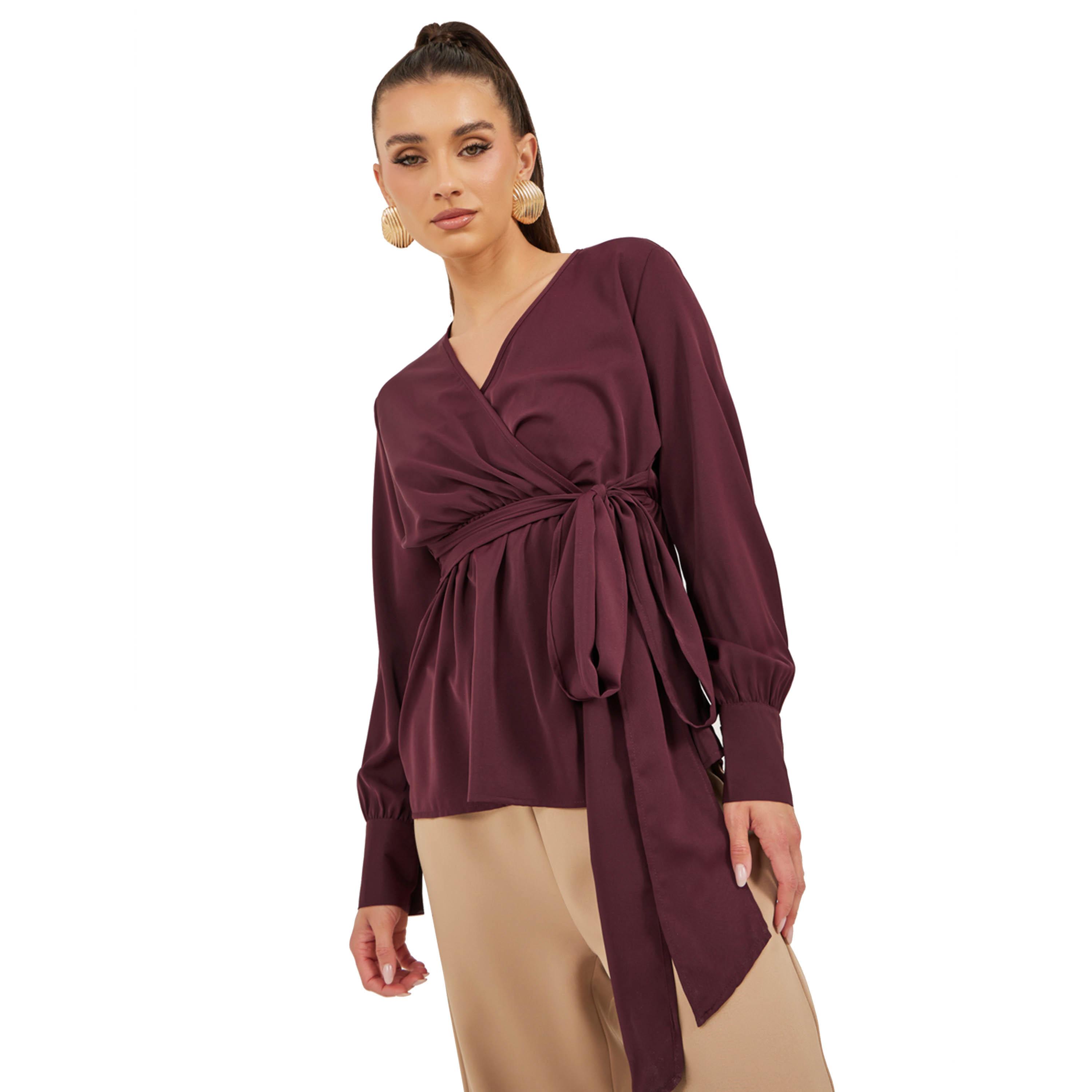 ستايلي - بلوزة ملفوفة بأكمام منفوخة مع تفاصيل ربطة خصر-women-clothing-shirtsandblouses-blouses-image-1