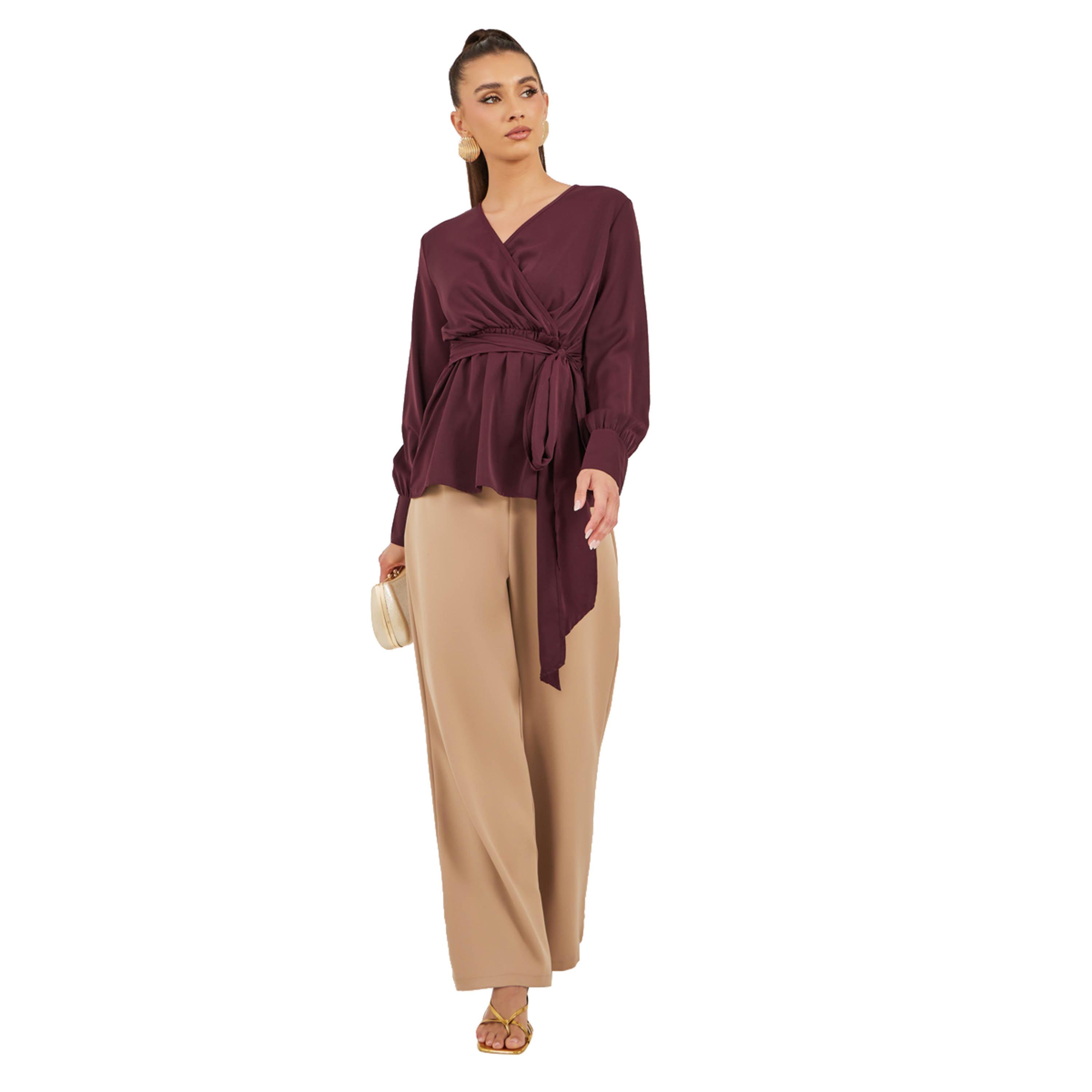 ستايلي - بلوزة ملفوفة بأكمام منفوخة مع تفاصيل ربطة خصر-women-clothing-shirtsandblouses-blouses-image-2