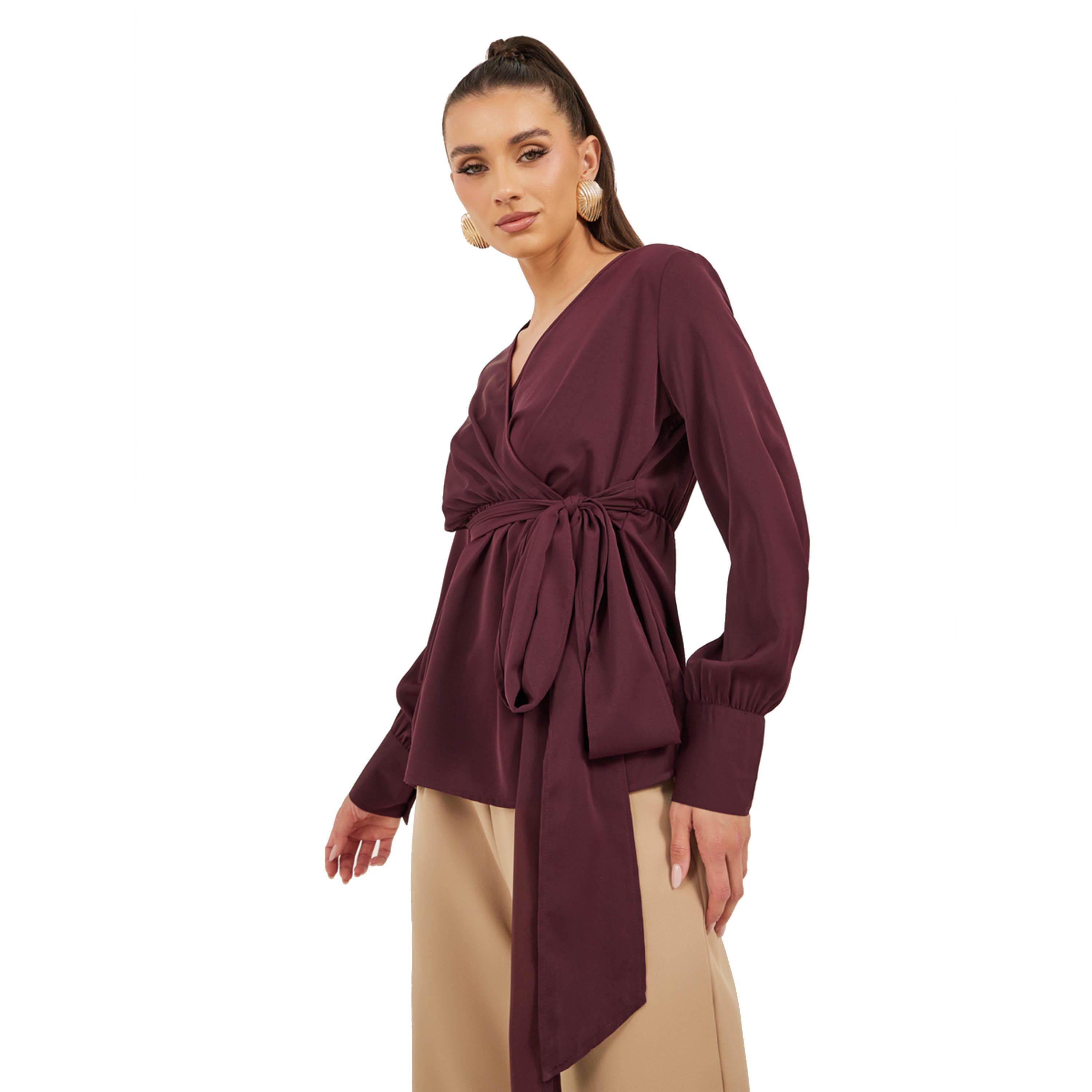 ستايلي - بلوزة ملفوفة بأكمام منفوخة مع تفاصيل ربطة خصر-women-clothing-shirtsandblouses-blouses-image-3