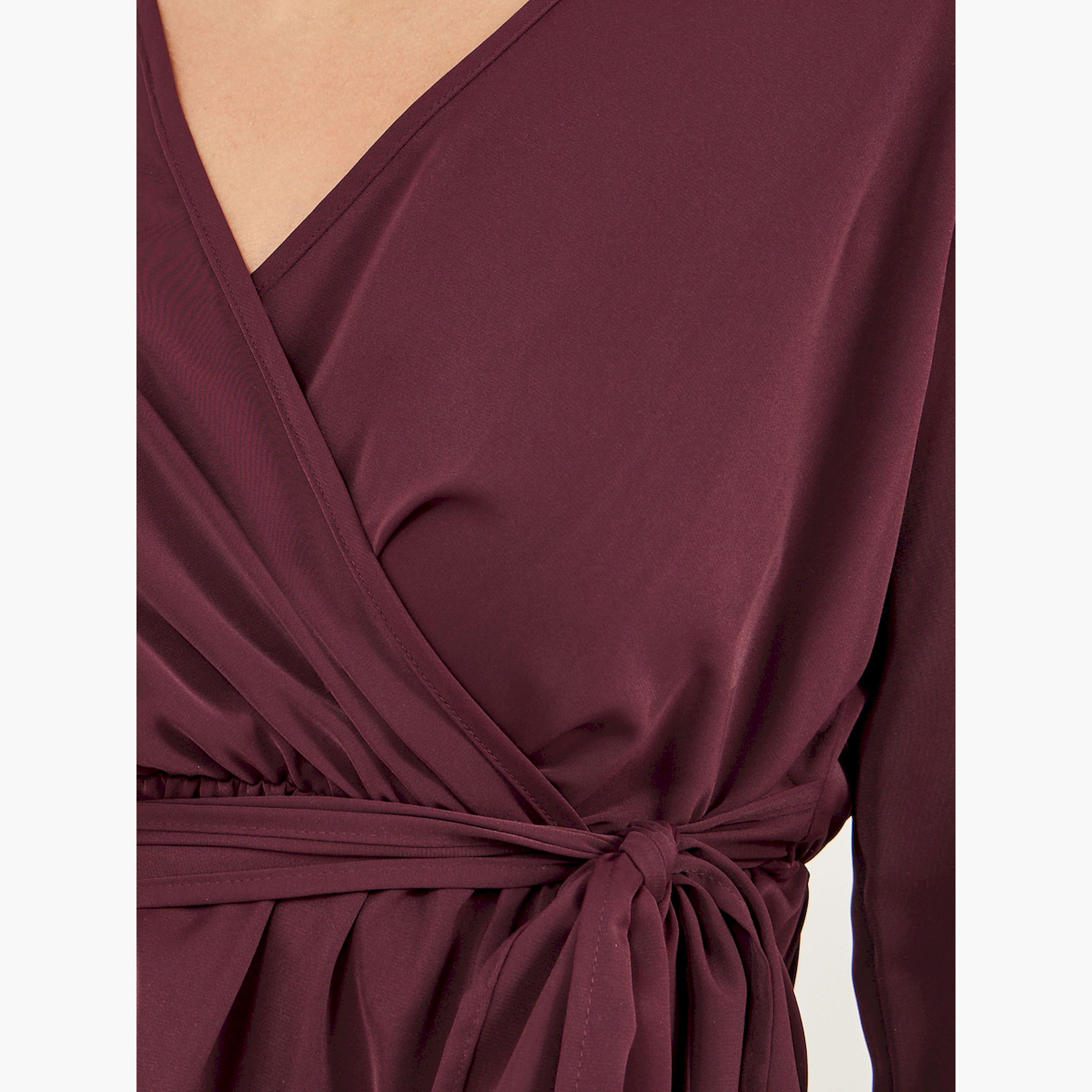 ستايلي - بلوزة ملفوفة بأكمام منفوخة مع تفاصيل ربطة خصر-women-clothing-shirtsandblouses-blouses-image-4