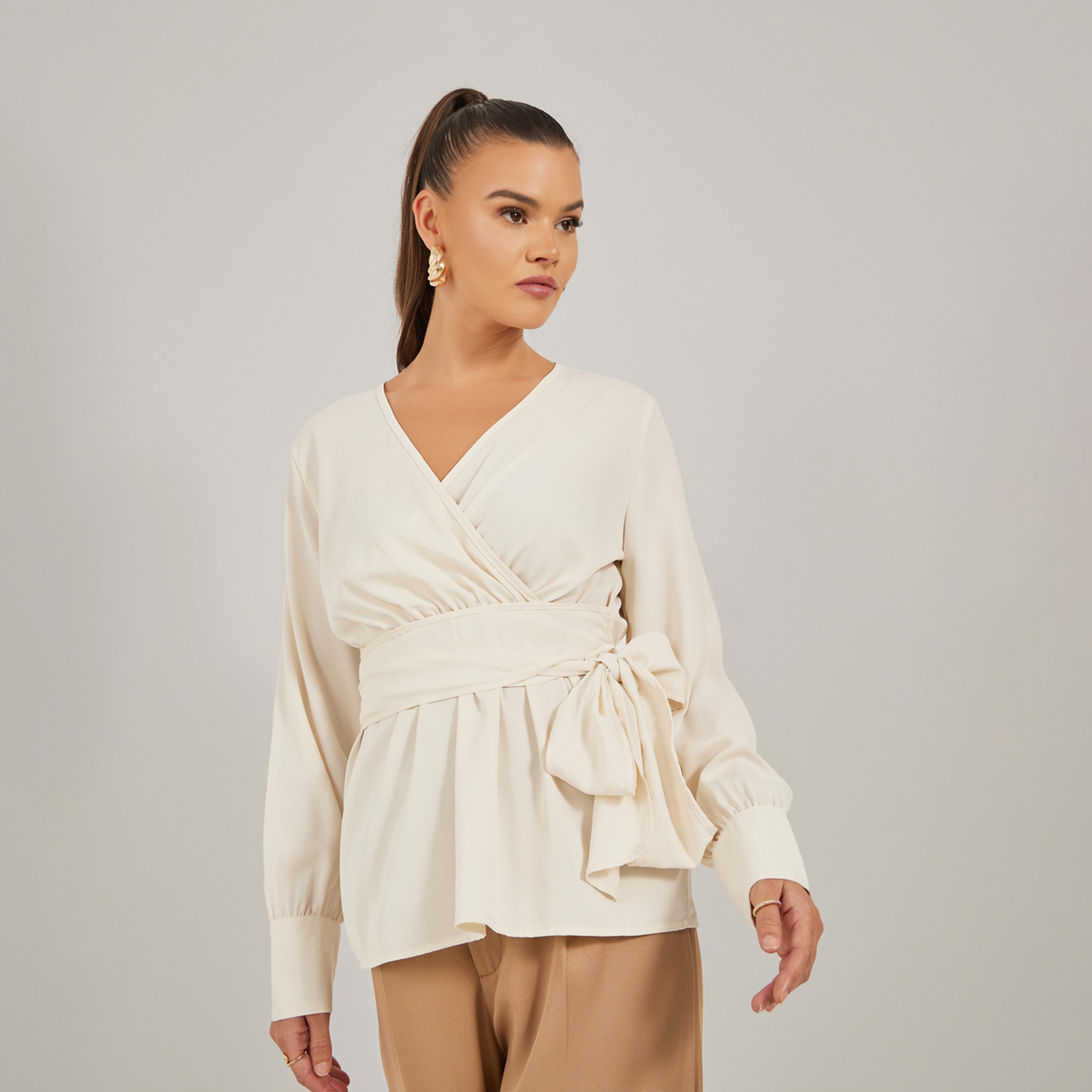 Styli Solid Balloon Sleeve Wrap Top with Tie Detail-women-clothing-shirtsandblouses-blouses-image-1