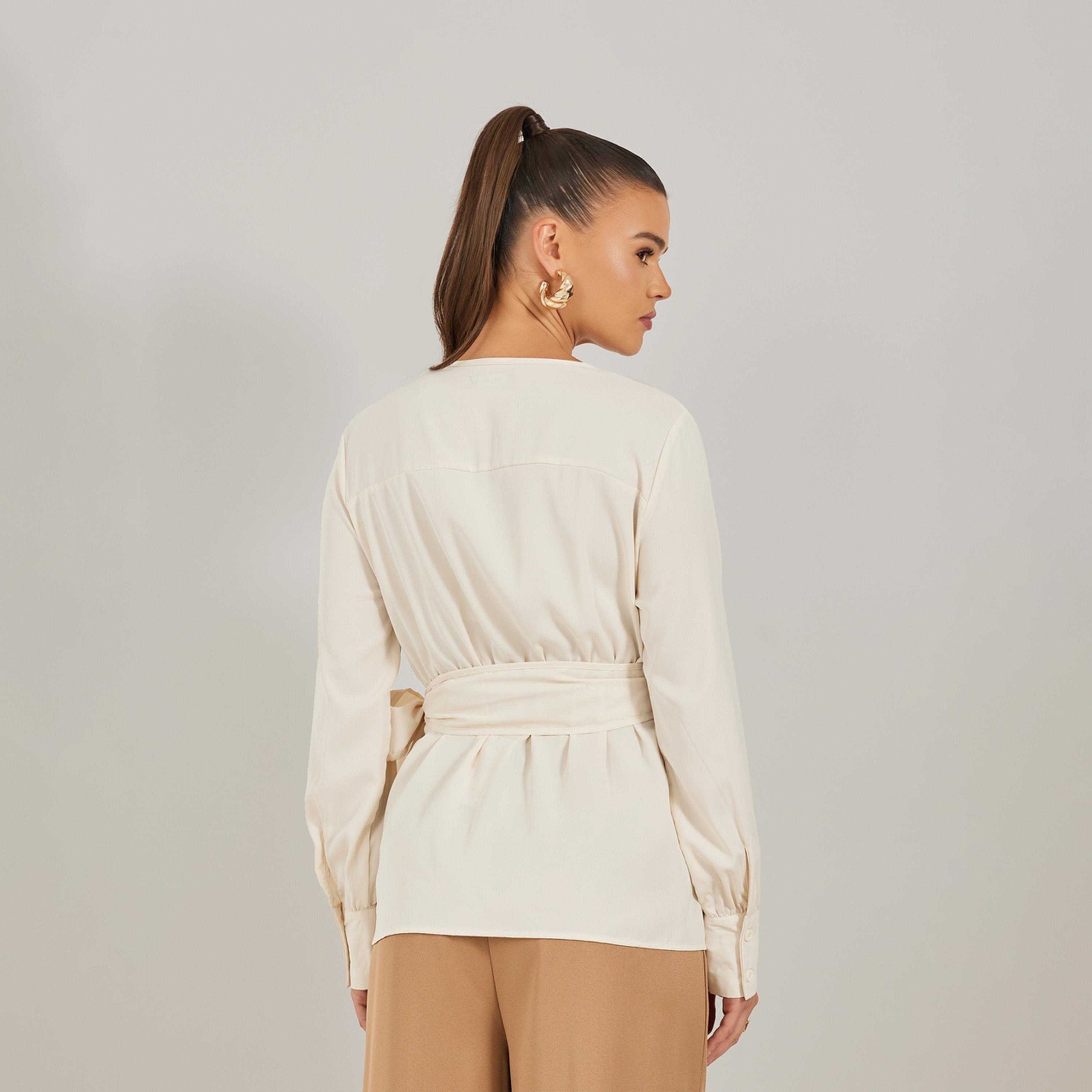 Styli Solid Balloon Sleeve Wrap Top with Tie Detail-women-clothing-shirtsandblouses-blouses-image-4