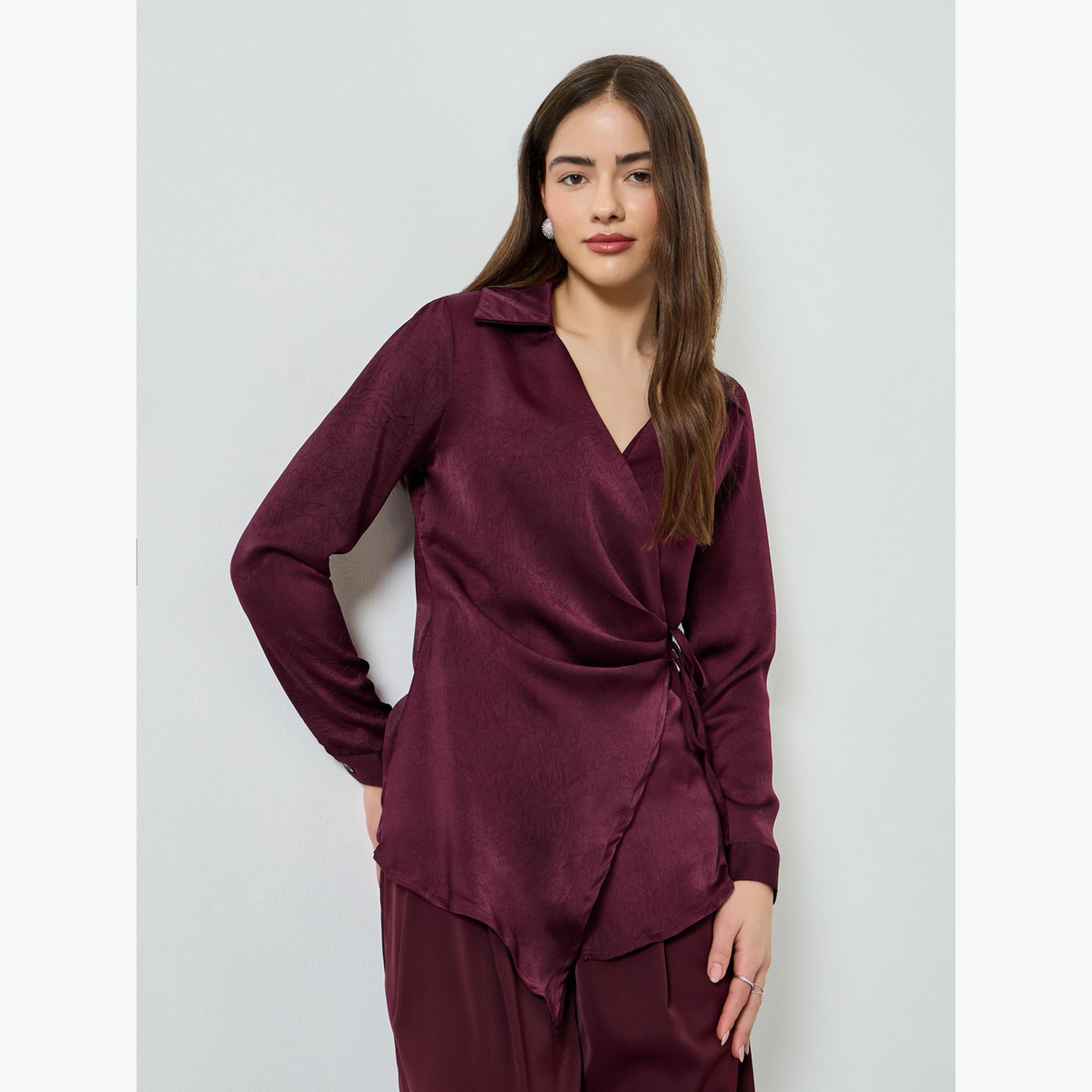 بلوزة طويلة ساتان بنمط لف ورباط خصر-women-clothing-shirtsandblouses-blouses-image-1