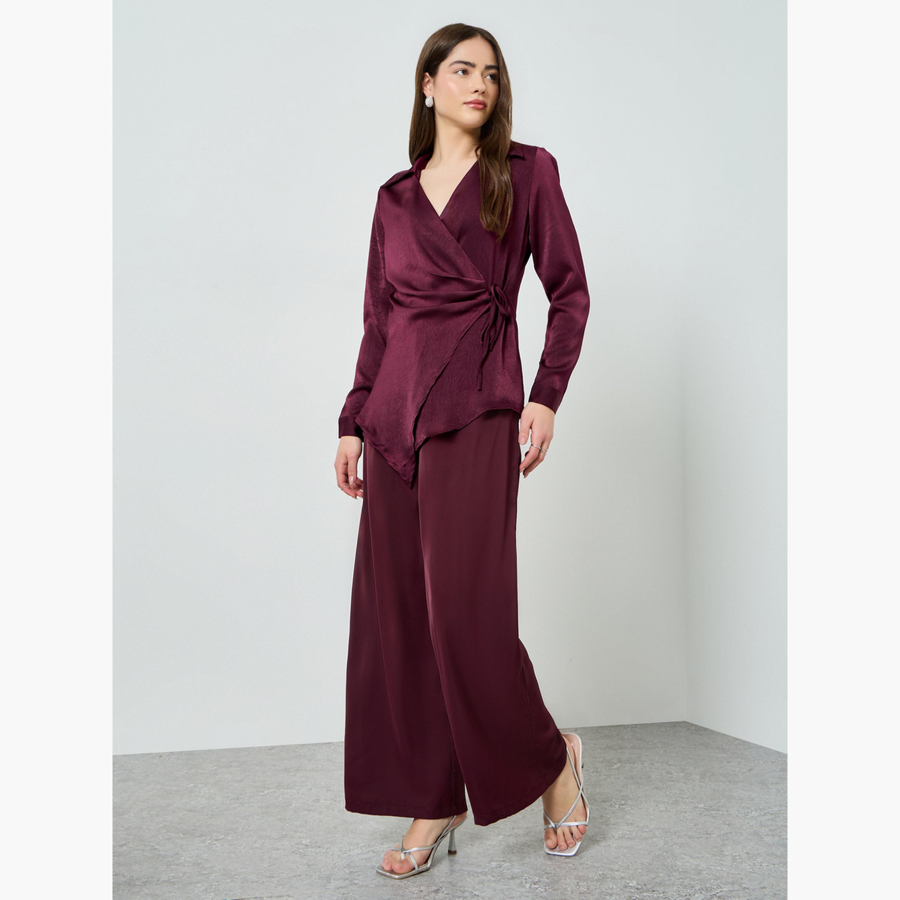 بلوزة طويلة ساتان بنمط لف ورباط خصر-women-clothing-shirtsandblouses-blouses-image-2