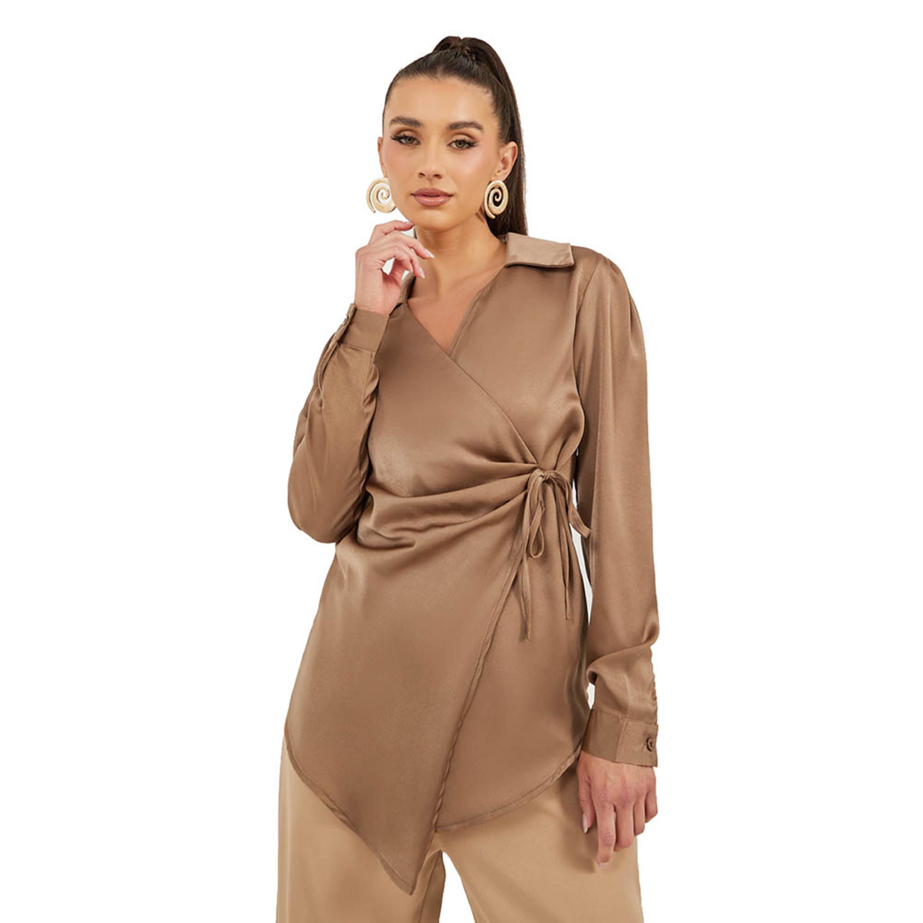 ستايلي -  بلوزة طويلة من الساتان برباط على الخصر-women-clothing-shirtsandblouses-blouses-image-1