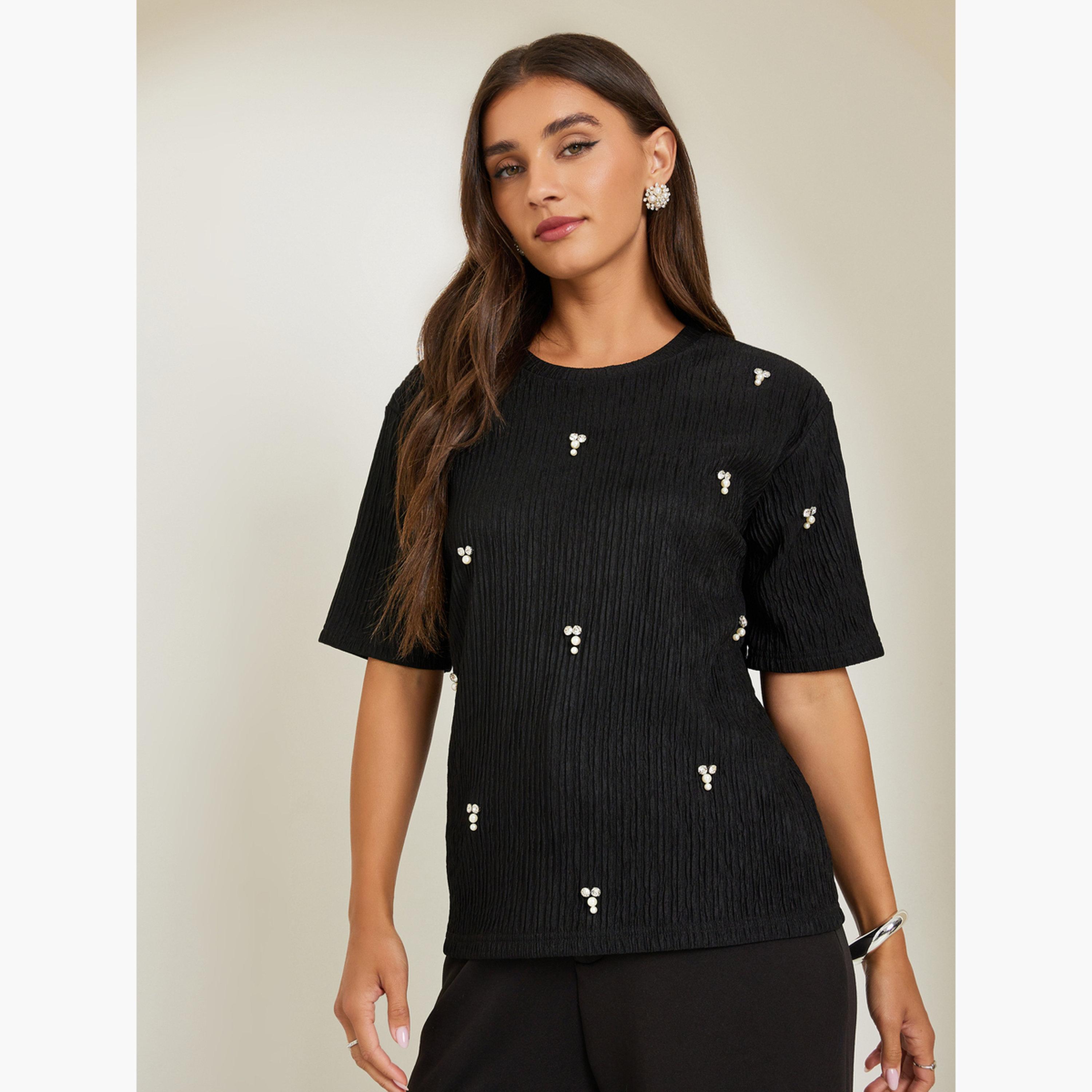 Styli Black Textured Embellished Knit Top-women-clothing-shirtsandblouses-blouses-image-1