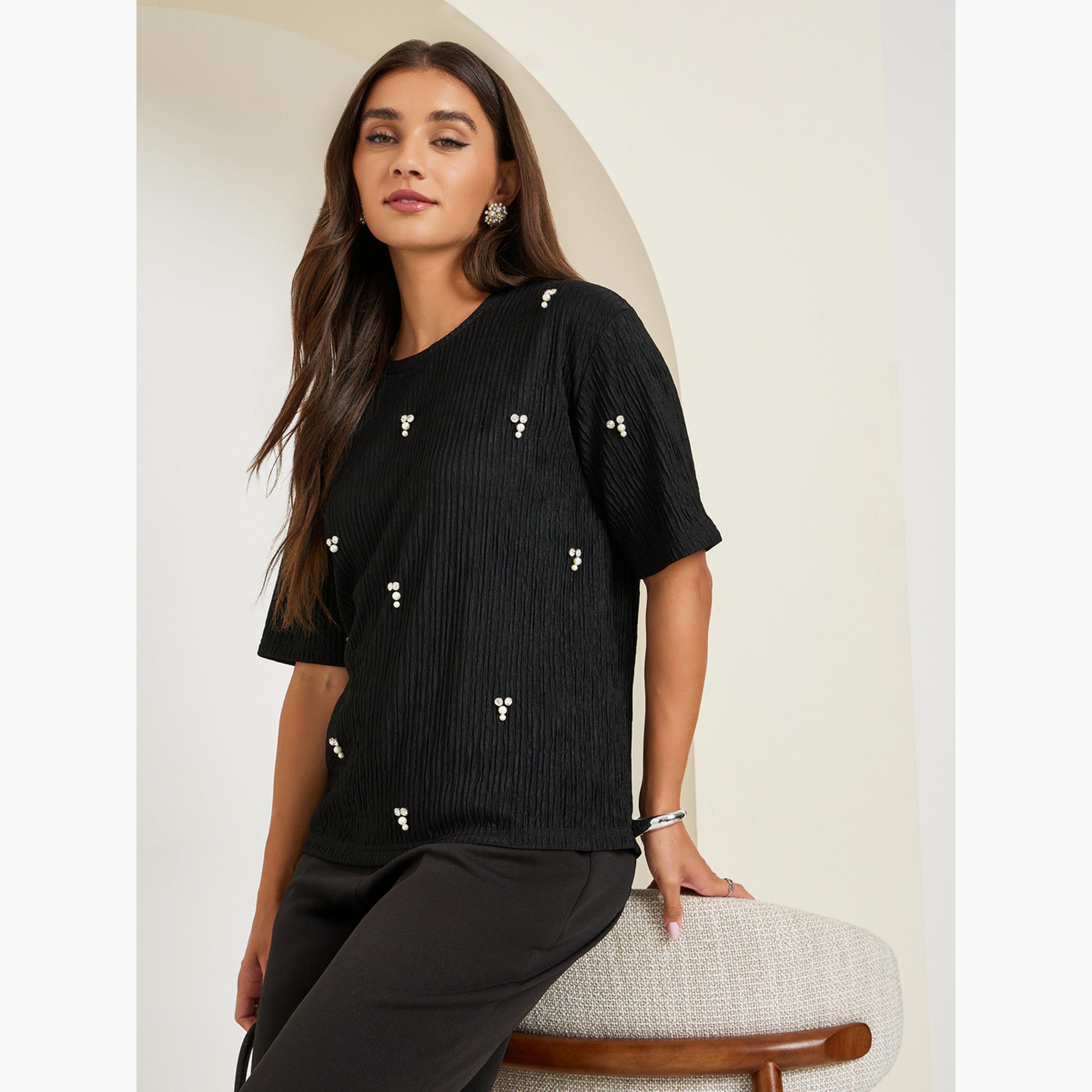Styli Black Textured Embellished Knit Top-women-clothing-shirtsandblouses-blouses-image-3
