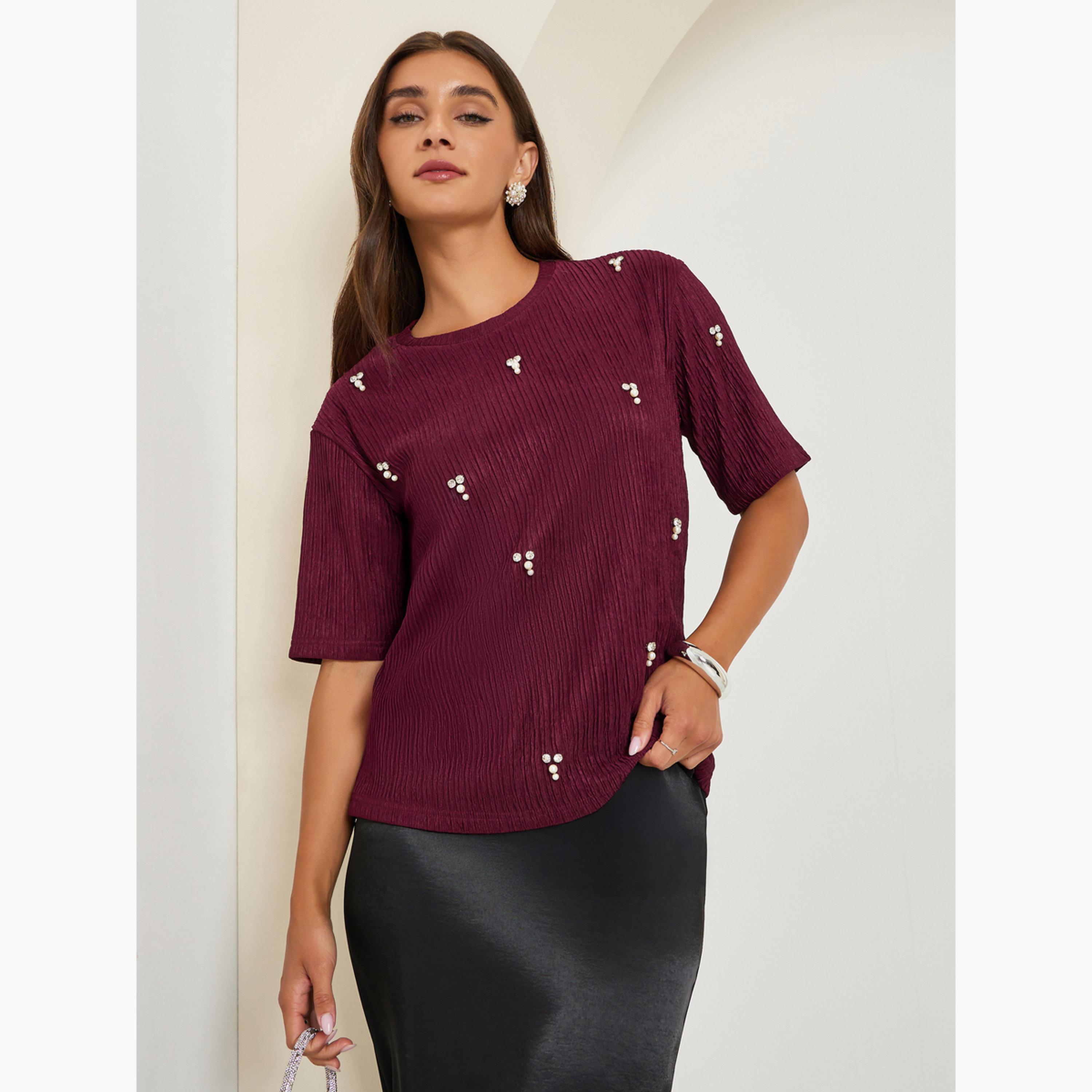 بلوزة محبوكة مزينة بنسيج بارز-women-clothing-shirtsandblouses-blouses-image-1