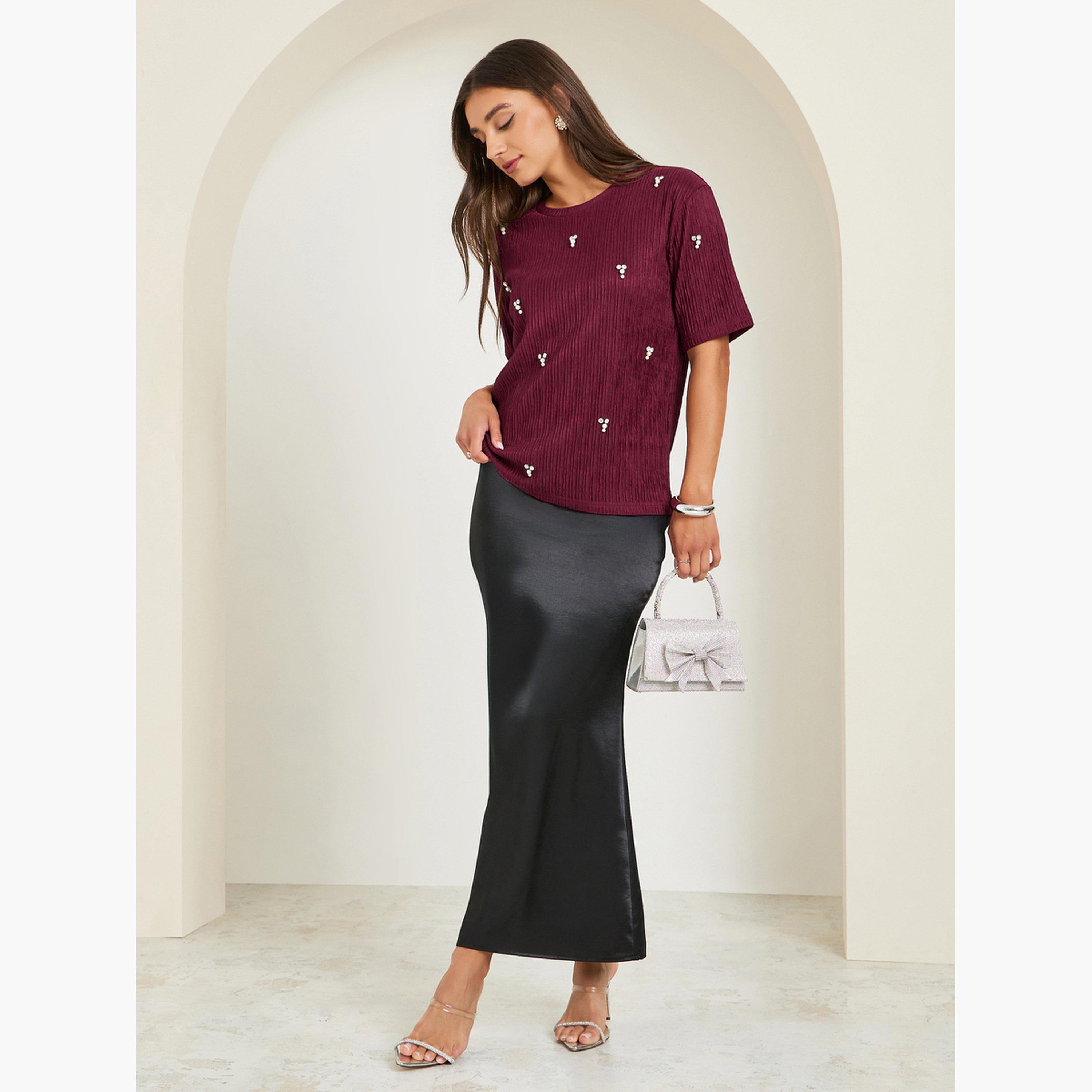 Styli Burgundy Textured Embellished Knit Top-women-clothing-shirtsandblouses-blouses-image-2