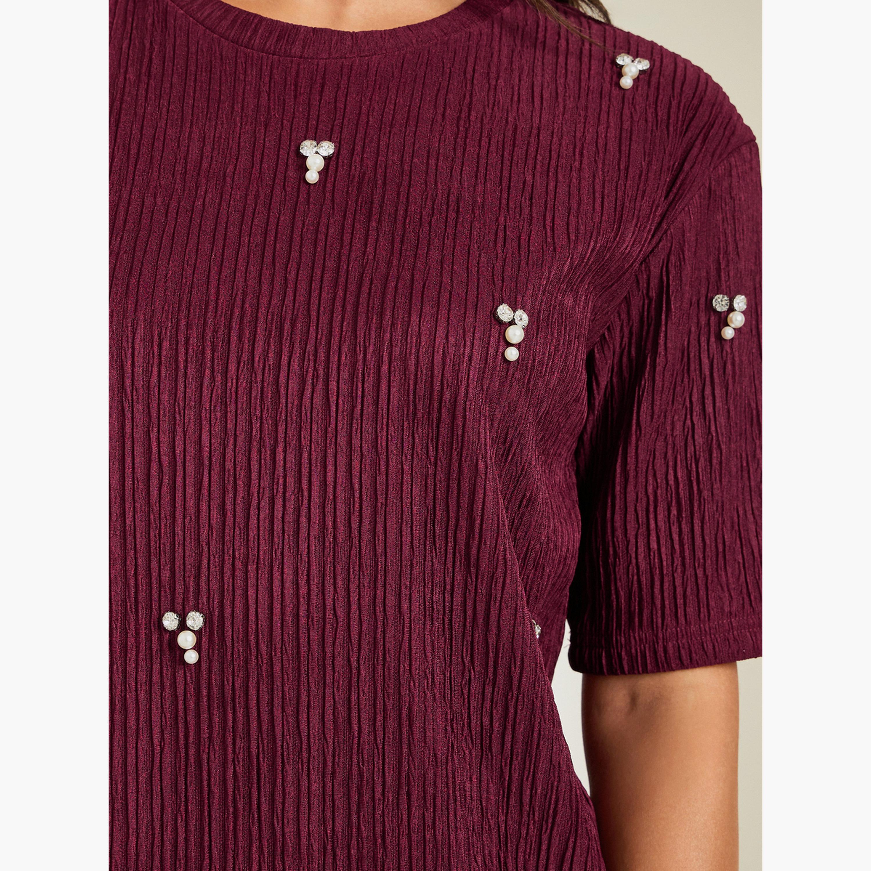 Styli Burgundy Textured Embellished Knit Top-women-clothing-shirtsandblouses-blouses-image-3