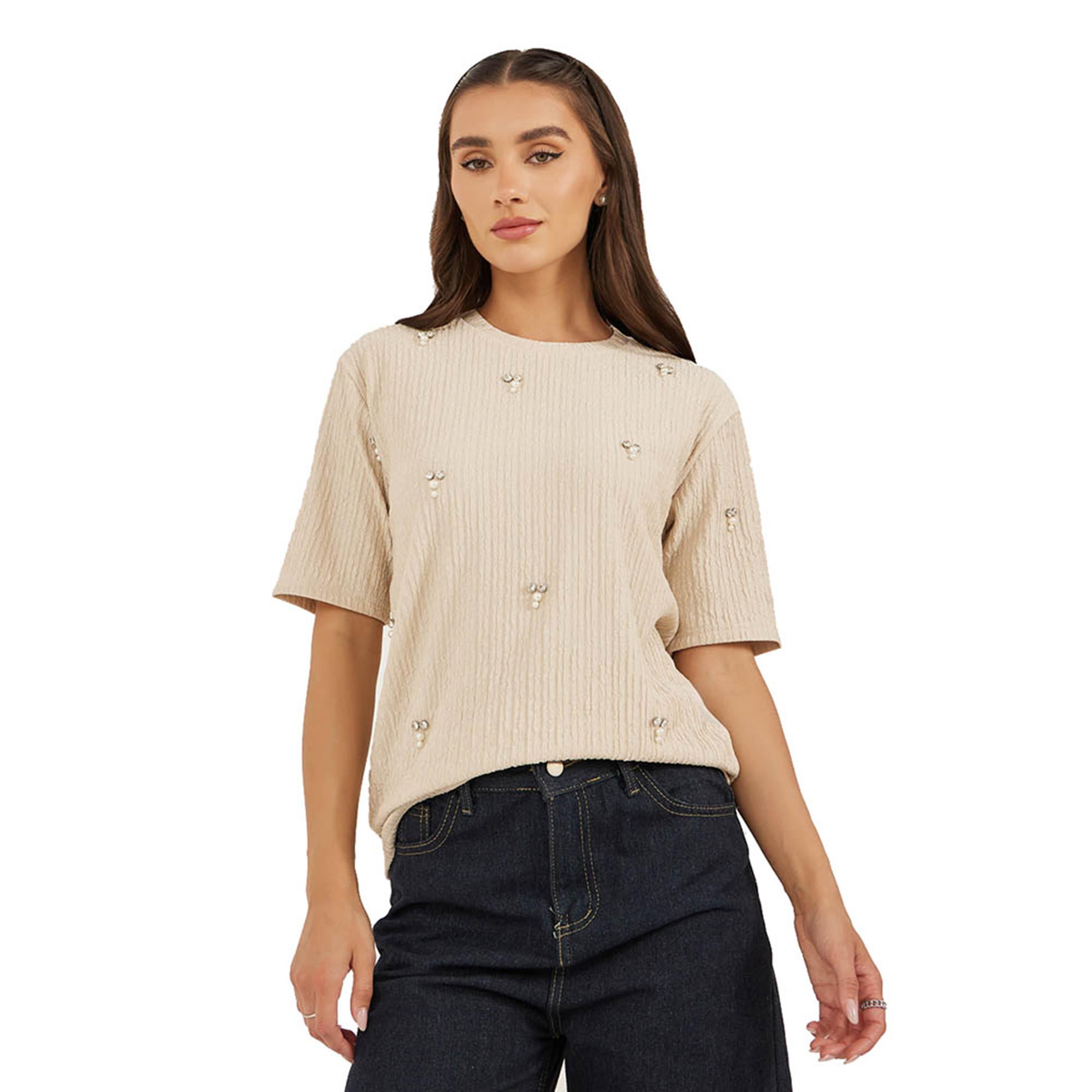 ستايلي -  بلوزة مزخرفة رقبة مستديرة-women-clothing-shirtsandblouses-blouses-image-1