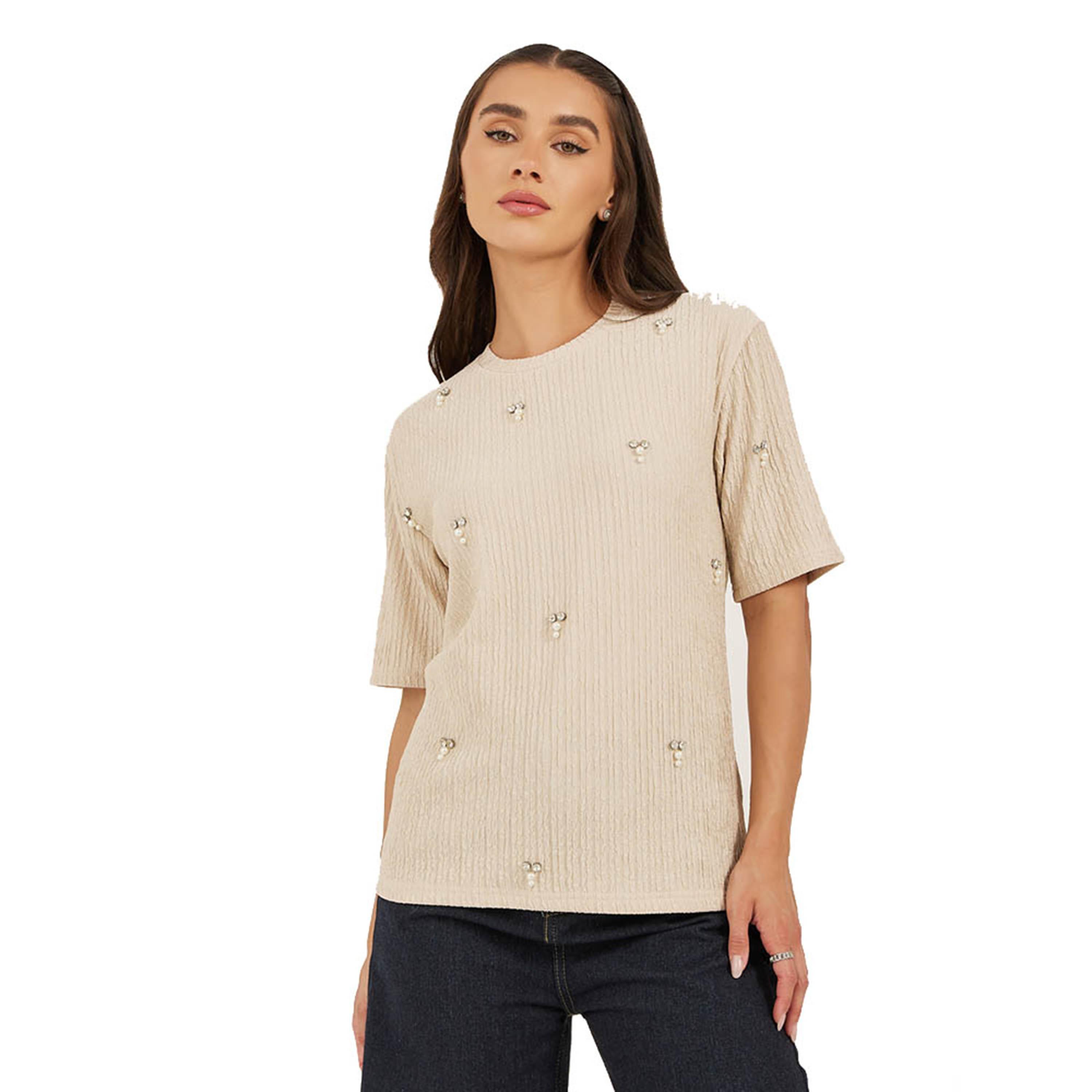 ستايلي -  بلوزة مزخرفة رقبة مستديرة-women-clothing-shirtsandblouses-blouses-image-2