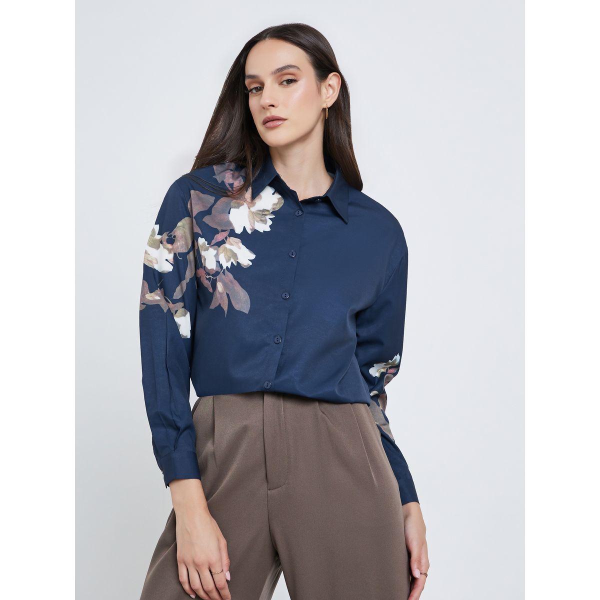 Styli Women Navy Blue Floral Print Regular Fit Shirt-women-clothing-shirtsandblouses-shirts-image-1