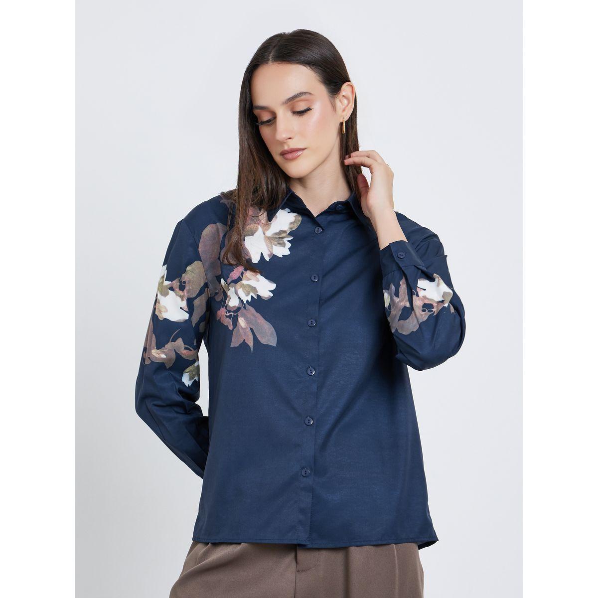 Styli Women Navy Blue Floral Print Regular Fit Shirt-women-clothing-shirtsandblouses-shirts-image-3