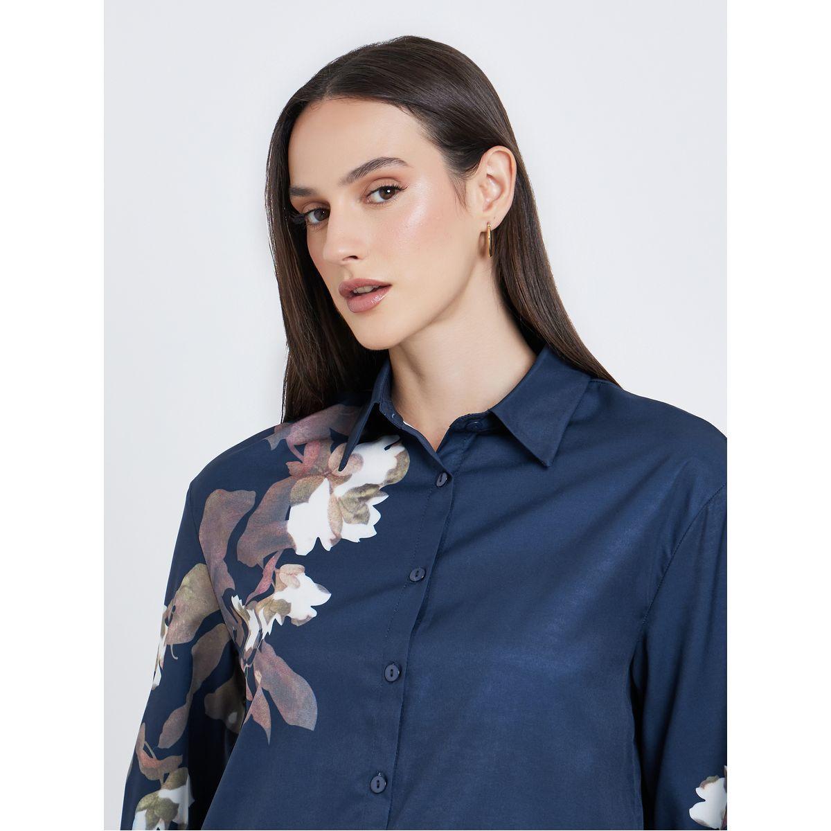Styli Women Navy Blue Floral Print Regular Fit Shirt-women-clothing-shirtsandblouses-shirts-image-4