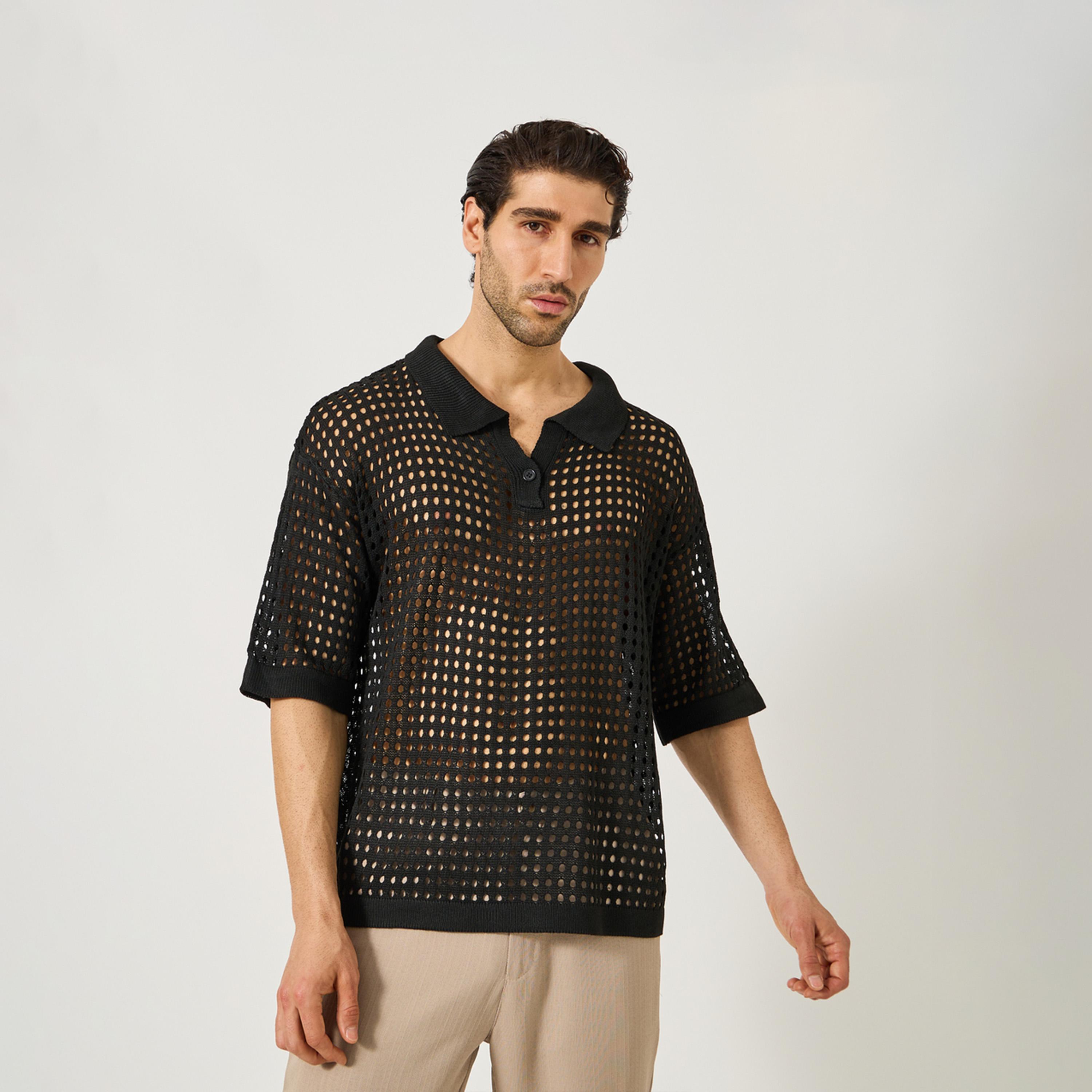 ستايلي - تي شيرت بولو كبير الحجم بياقة ريفير محبوكة بالكروشيه-men-clothing-tshirtsandpolos-polos-image-1