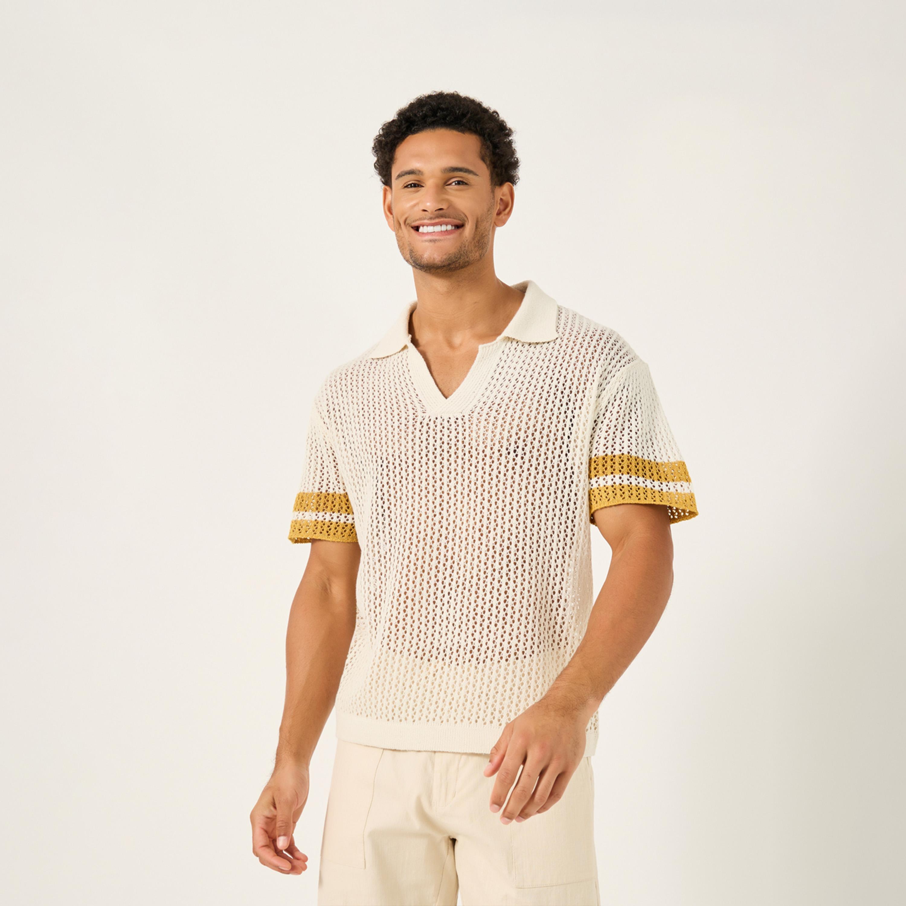 Styli Contrast Sleeve Stripes Crochet Knit Relaxed Polo-men-clothing-tshirtsandpolos-polos-image-1