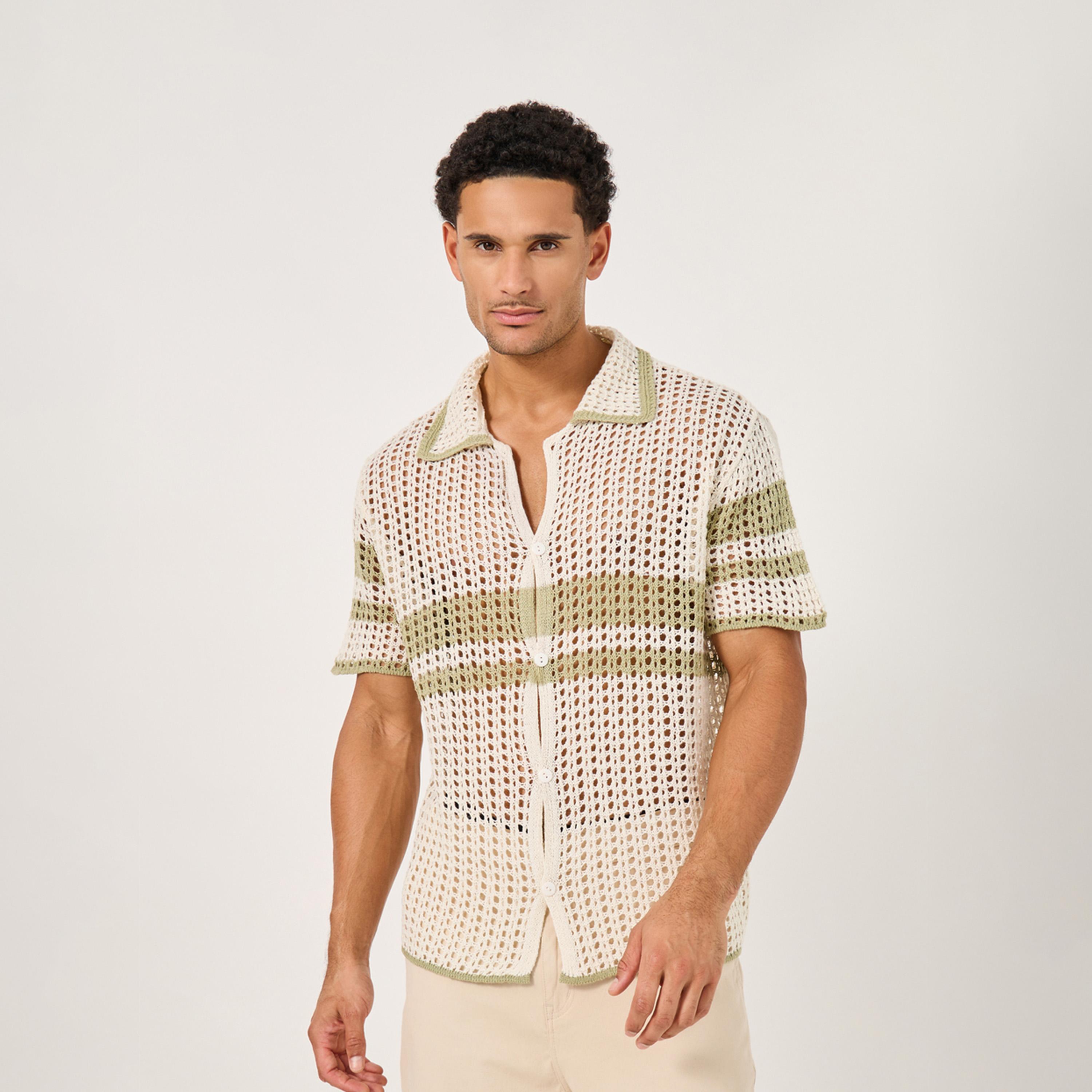 Styli Striped Open Crochet Knit Oversized Shirt-men-clothing-shirts-image-1