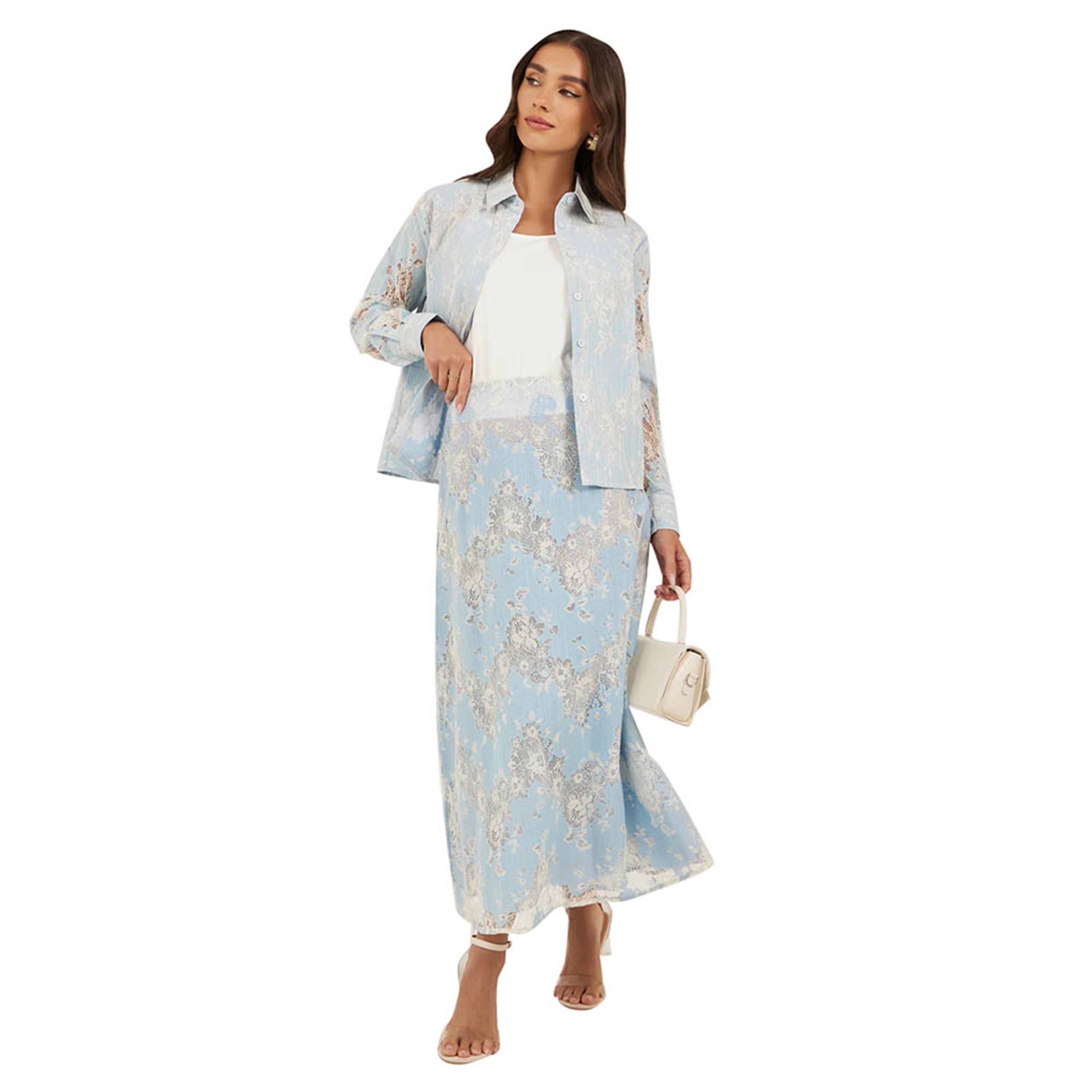 ستايلي - تنورة ماكسي من الدانتيل المورد بقصّة A-women-clothing-bottoms-skirts-image-1