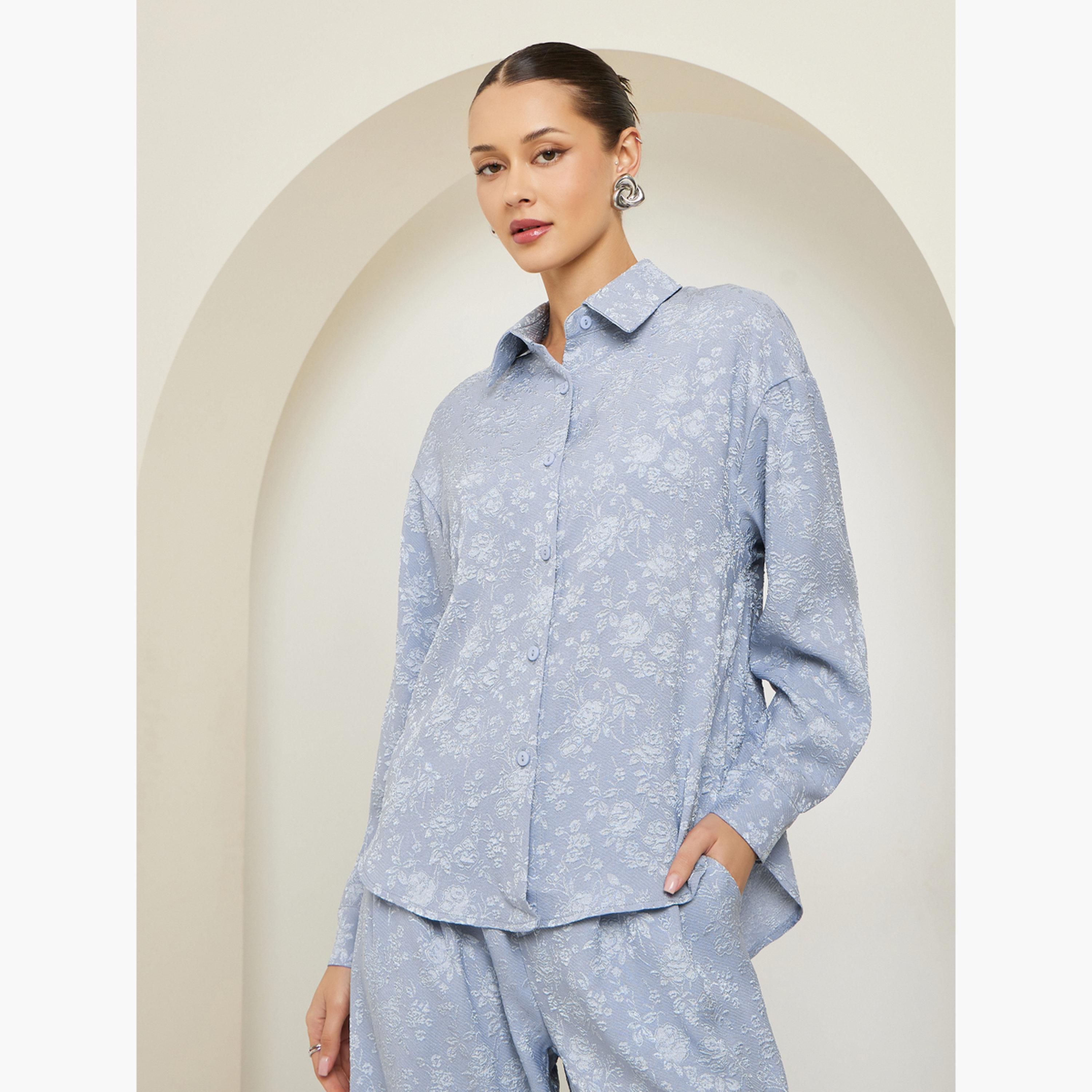 Styli Women Oversized Jacquard Buttoned Shirt-women-clothing-shirtsandblouses-shirts-image-1