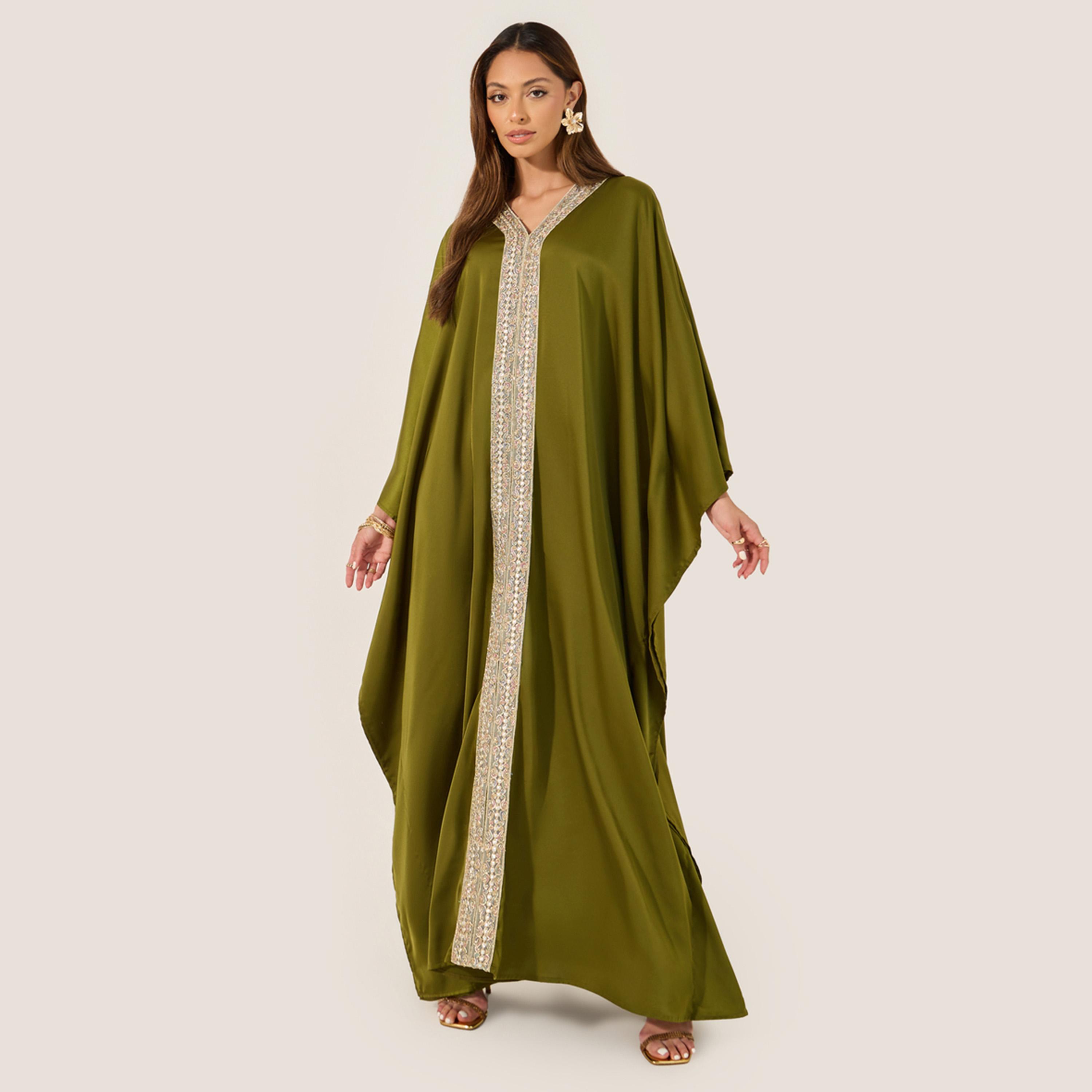 Styli Satin V-Neck Lace Panel Kaftan-women-arabicclothing-kaftan-image-1