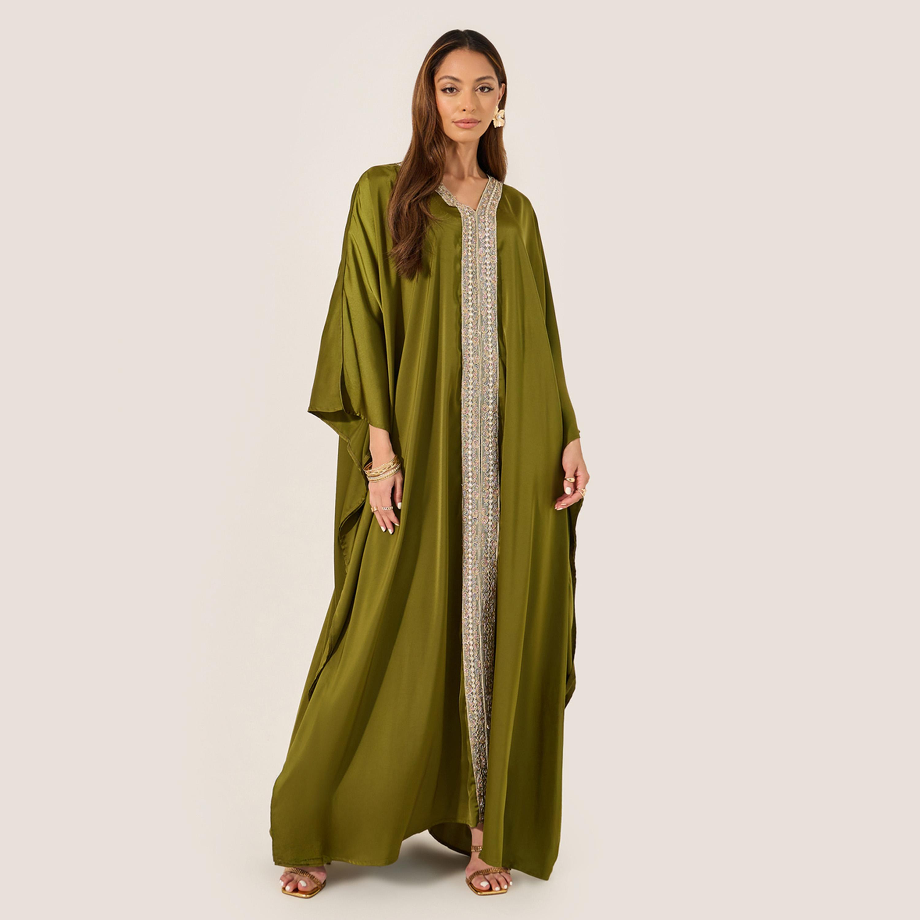 ستايلي - قفطان ساتان برقبة على شكل V وأجزاء دانتيل-women-arabicclothing-kaftan-image-2