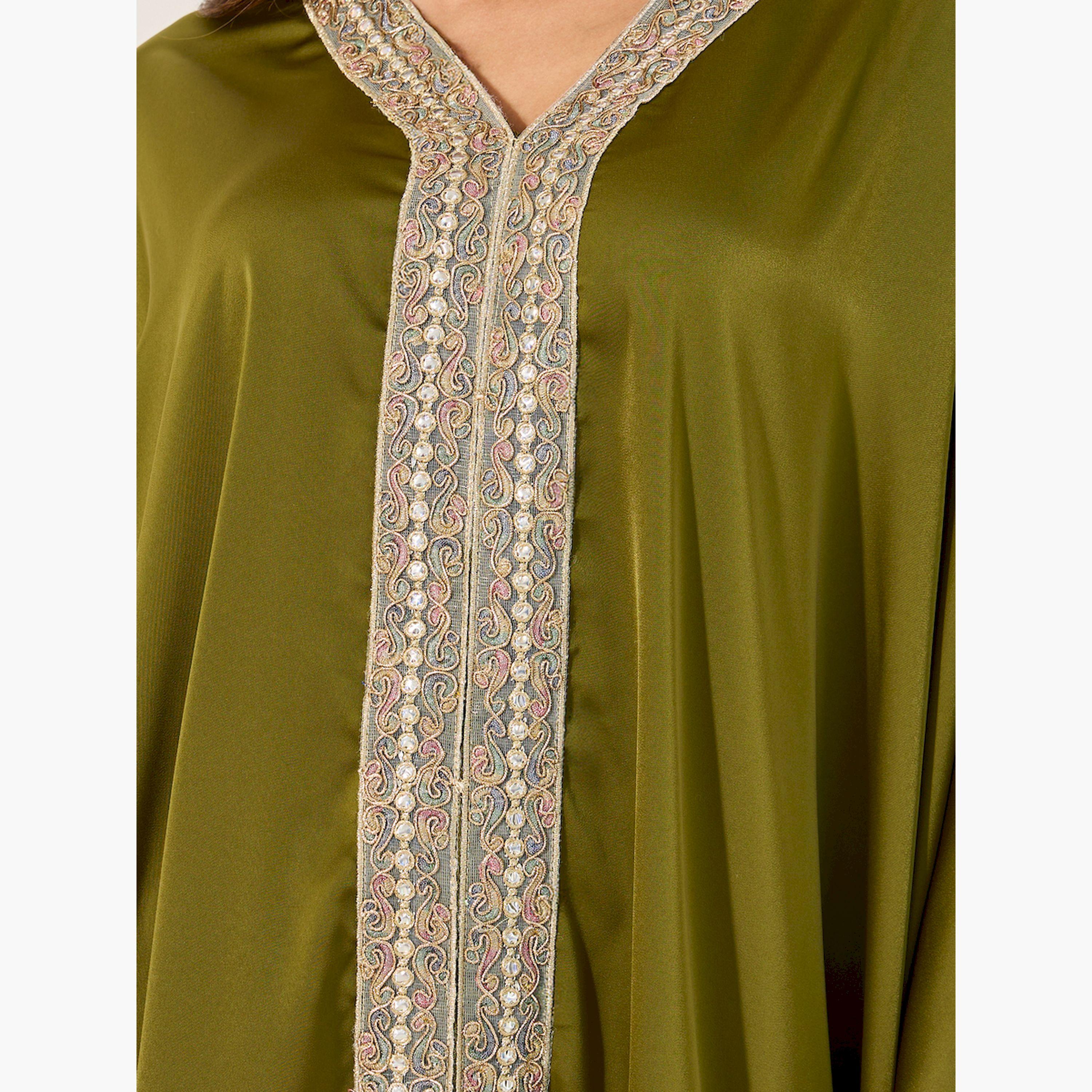 Styli Satin V-Neck Lace Panel Kaftan-women-arabicclothing-kaftan-image-4