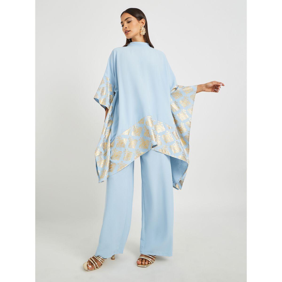 Amirah X Styli Foil Print High Neck Kimono and Wide Leg Pants Co-Ords-women-arabicclothing-sets-image-1