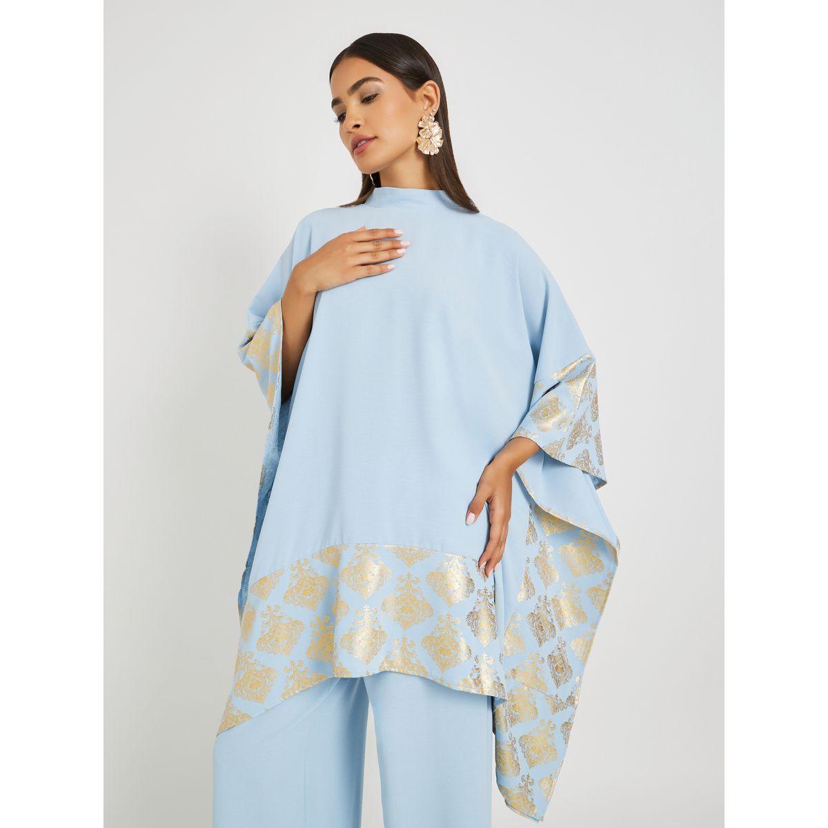 Amirah X Styli Foil Print High Neck Kimono and Wide Leg Pants Co-Ords-women-arabicclothing-sets-image-2